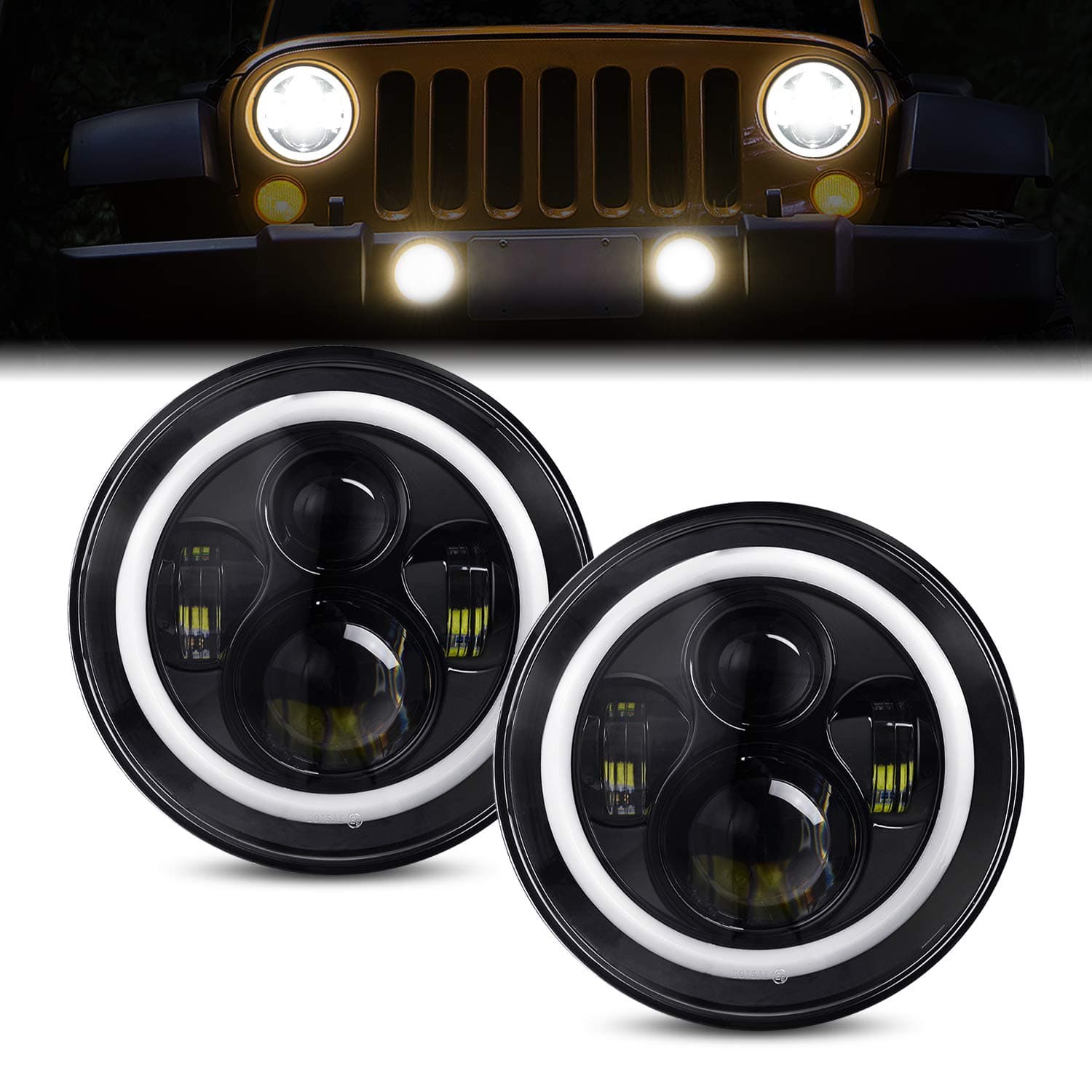 DOT Approved LED Headlights for Wrangler, AAIWA 7 Inch Round LED Headlight 40W 4800LM with High Low Beam Halo Angel Eyes DRL Amber Turn Signal for Wrangler JK TJ LJ CJ Hummer