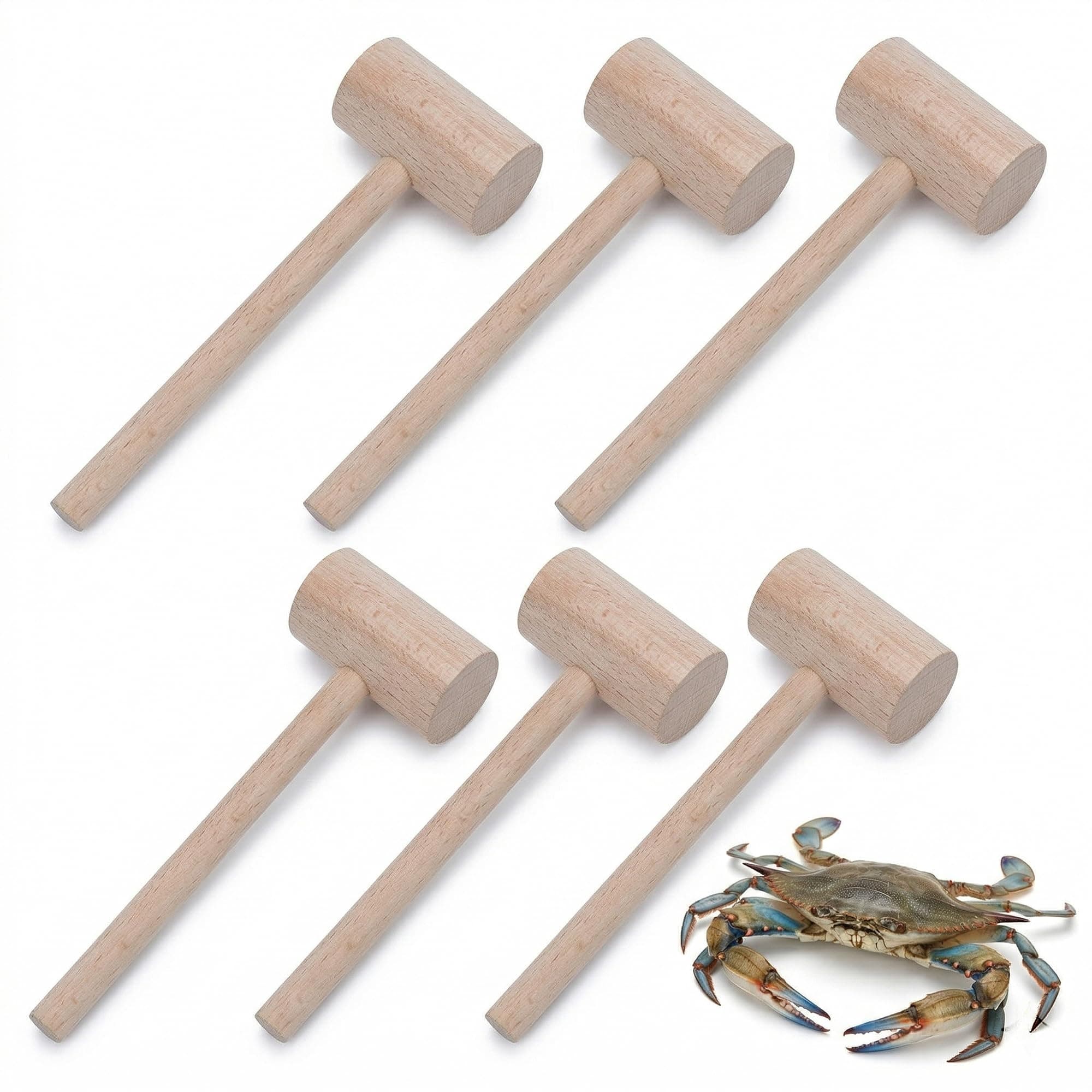 6-Pack Wooden Crab Mallets, Beechwood Seafood Hammers for Cracking Maryland Blue Crabs & Lobster