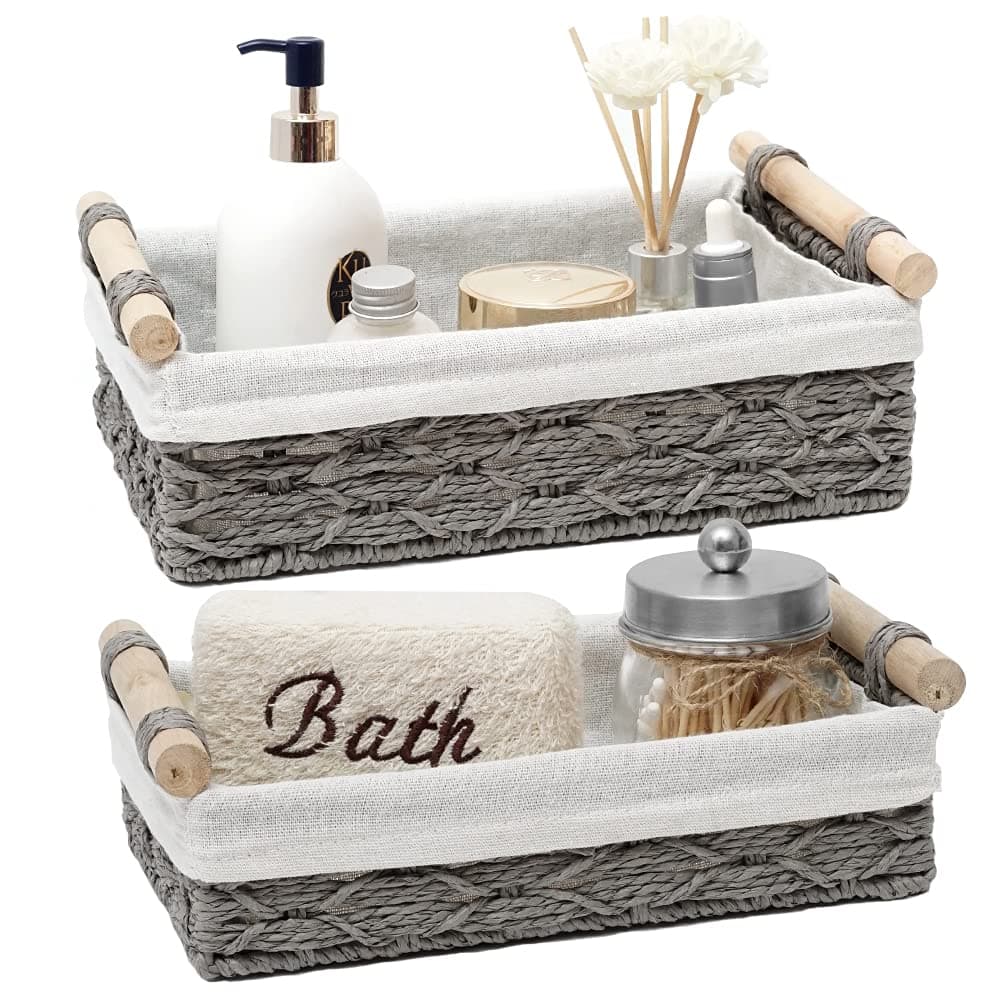 Storage Basket Wicker Baskets for Organizing Storage Bins for Counter Toilet Paper Storage Basket for Toilet Tank Top (Set of 2,Grey)