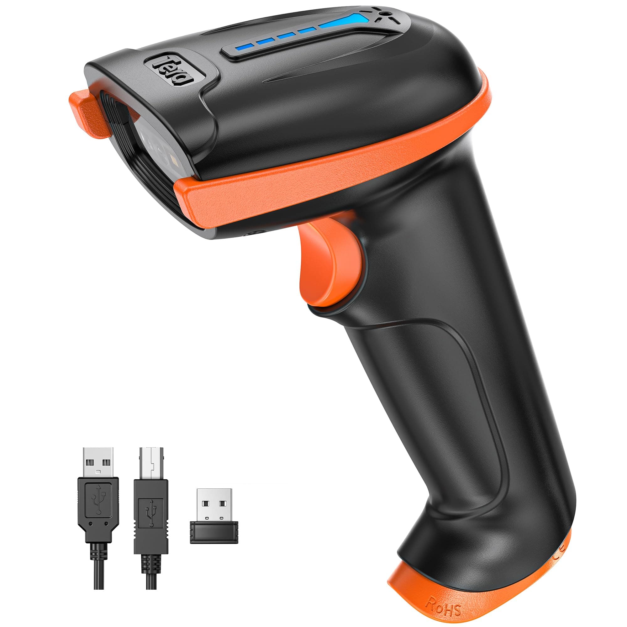 2D QR Barcode Scanner Wireless USB Wired 1D 2D Handheld Cordless Bar Code Reader for Digital/Printed Barcodes Works with Windows Mac Linux, D5100,Orange