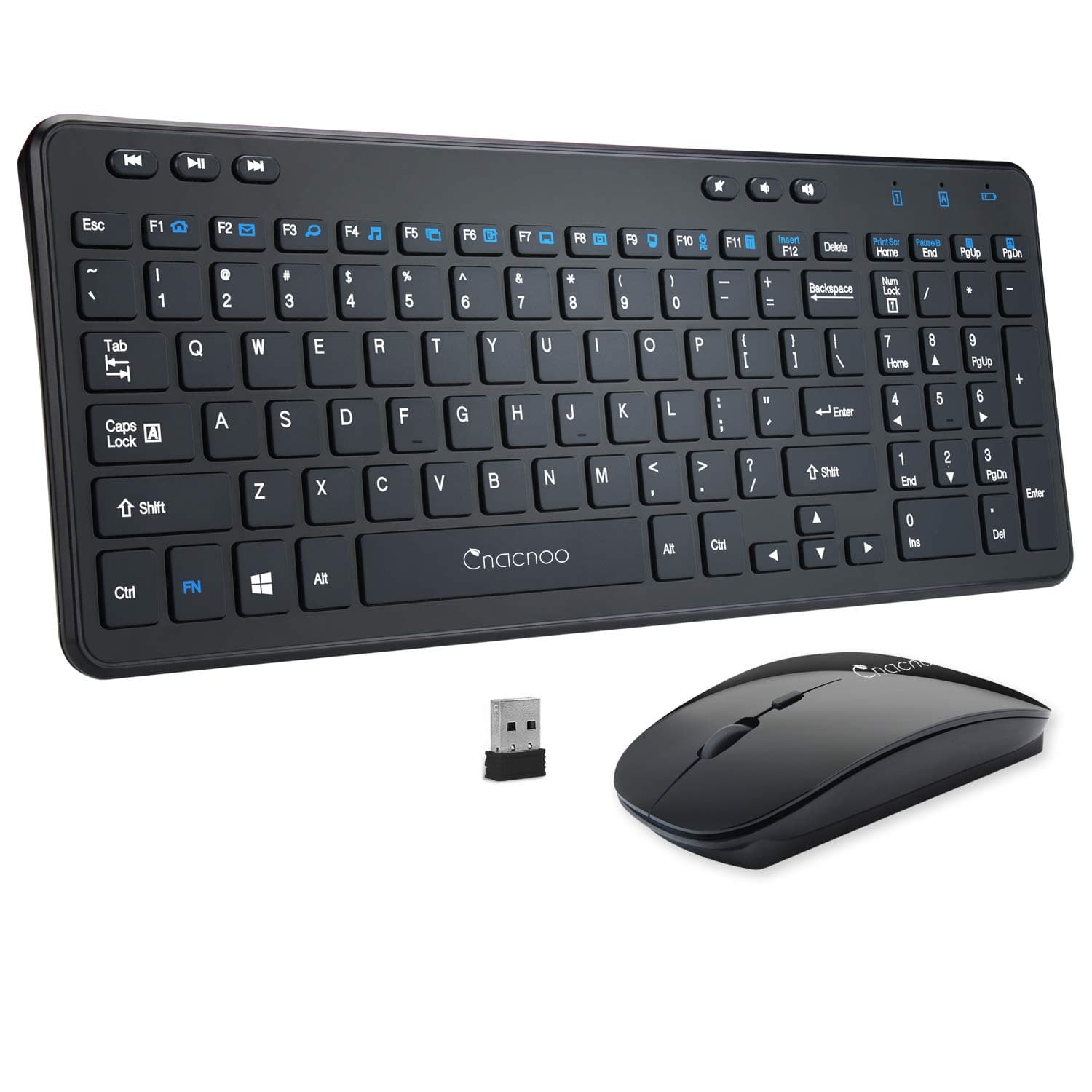 Wireless Keyboard and Mouse Combos, Cnacnoo Full Size Slim Keyboard 2.4GHz Silent Mouse with Nano USB Receiver Multimedia Keys for Windows, Laptop, PC, Notebook Free OTG Cable for Android Tablet Phone