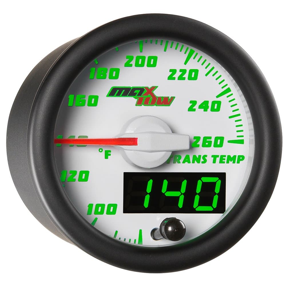 MaxTowDouble Vision 260 F Transmission Temperature Gauge Kit - Includes Electronic Sensor - White Gauge Face - Green LED Illuminated Dial - Analog & Digital Readouts - for Trucks - 2-1/16" 52mm