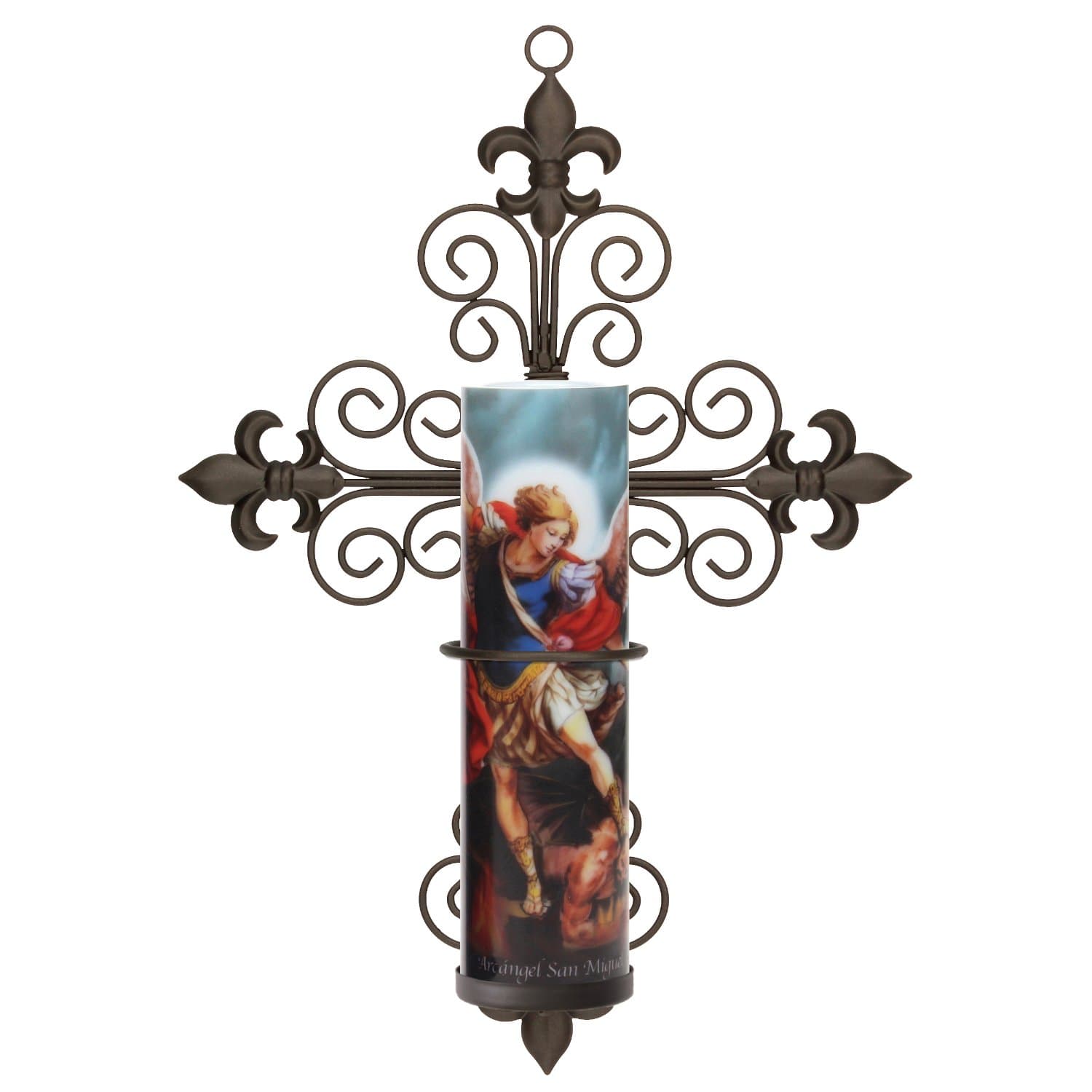 Saint Michael LED Flameless Candle with Cross Fleur de lis Wall Sconce