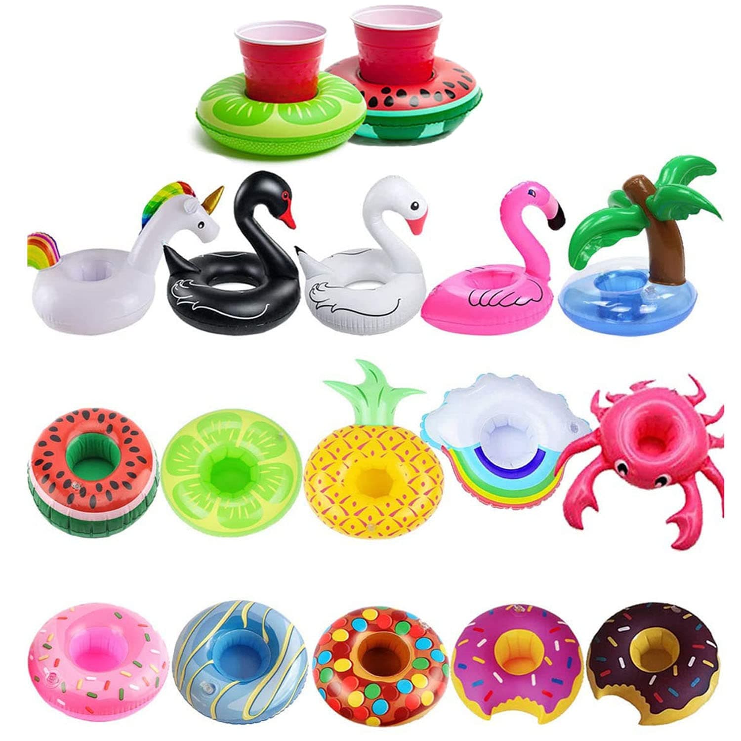 15 Pcs Inflatable Swimming Pool Party Drink Cup Holder, including Flamingo Donut Fruit Coasters for Swimming Pool Party