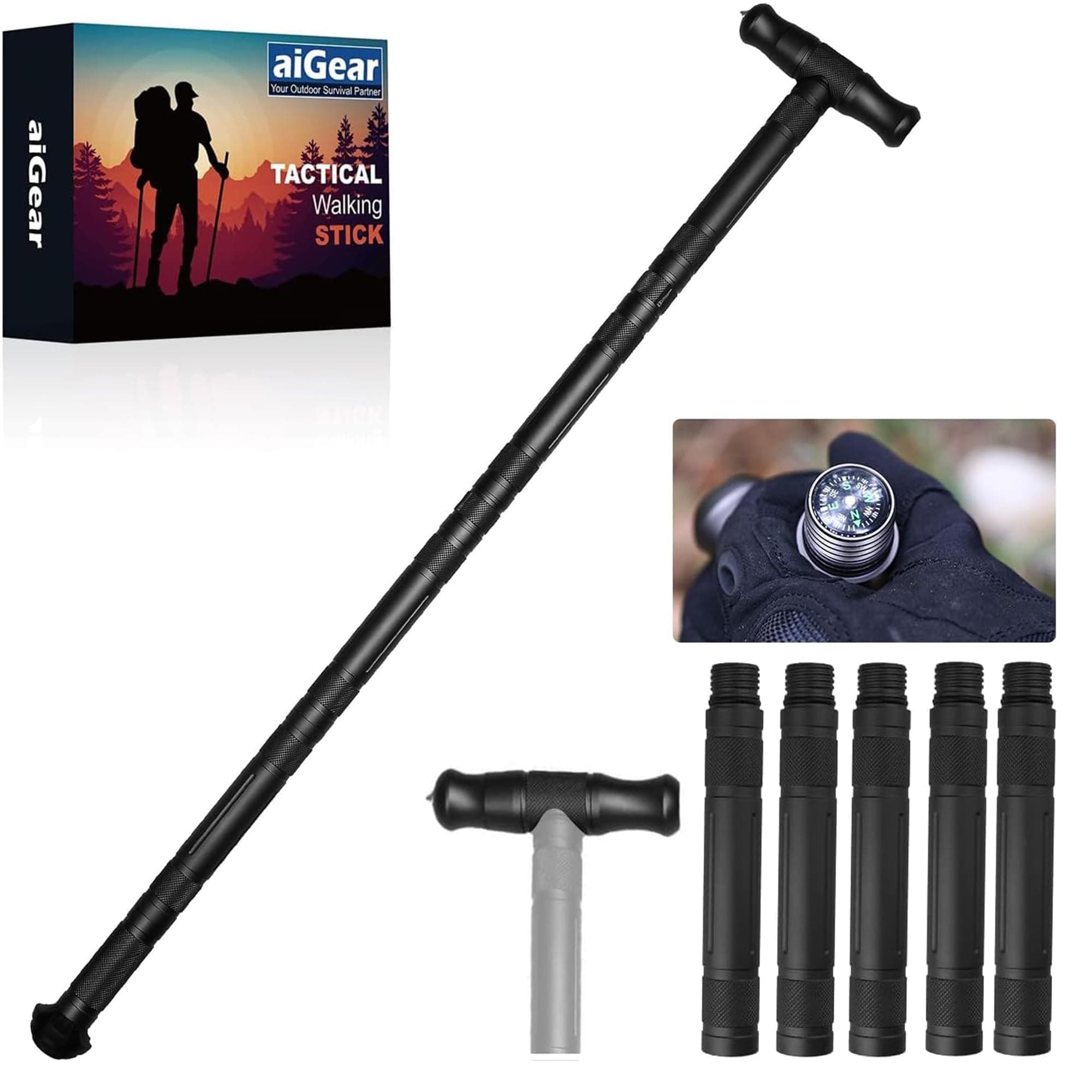 aiGear Premium Walking Hiking Stick CNC Machined Outdoor Trekking Poles with Solid Durable Tools Whistle and Compass