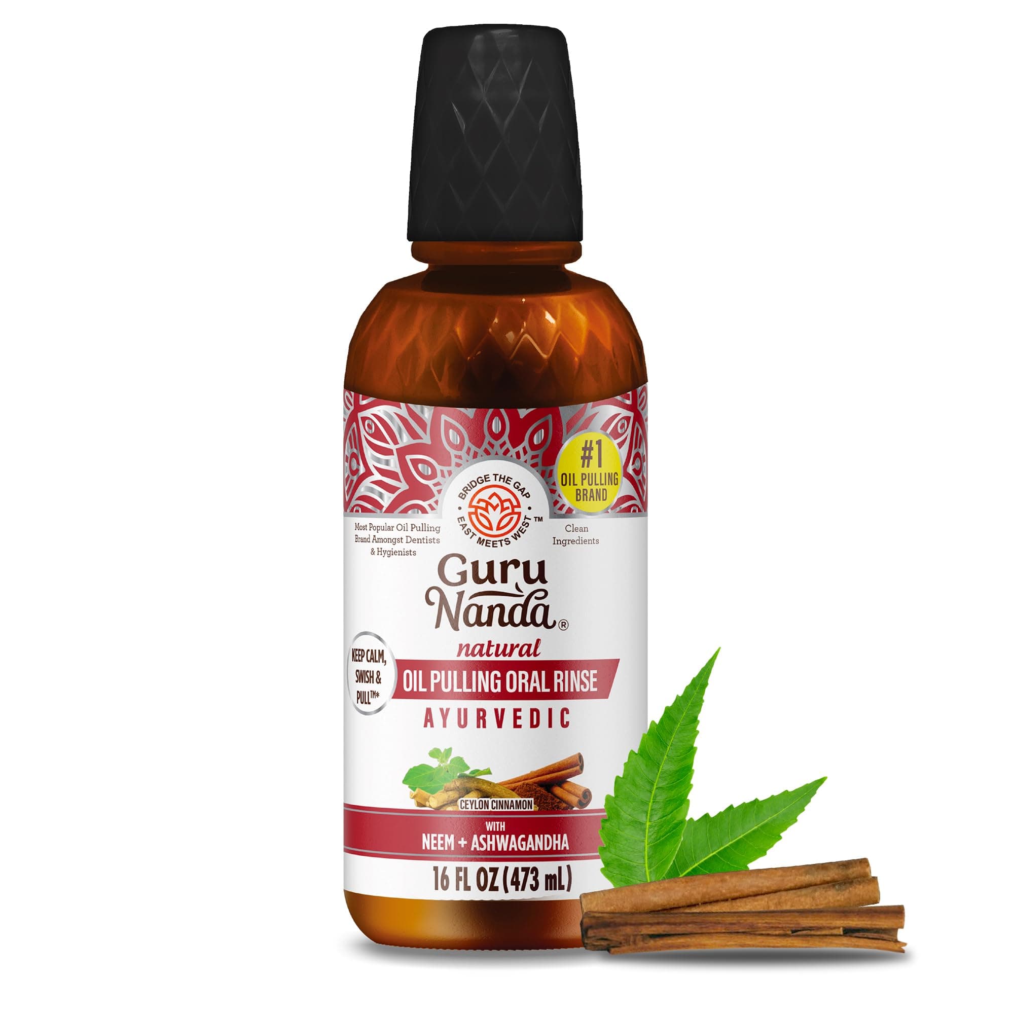 GuruNanda Ashwagandha Oil Pulling with Neem, & Pure Essential Oils (16 Fl Oz) - Ayurveda-Inspired Formula for Daily Oral Care - Alcohol & Fluoride Free