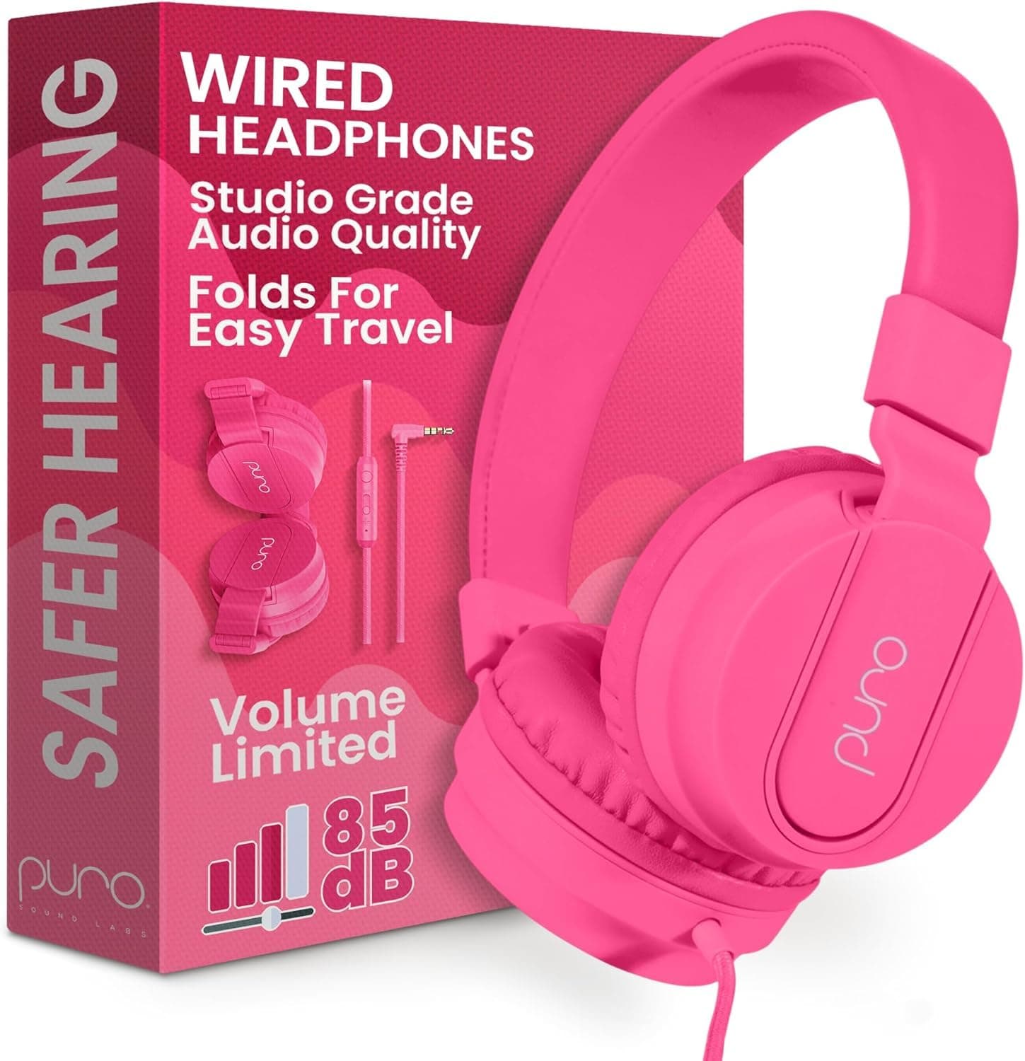 Kids Wired Headphones – Volume-Limiting & Adjustable, Safer & Comfortable Headphones for Kids – Compatible with PCs, Smartphones & Tablets, Ideal for School & Travel – PuroBasic, Pink