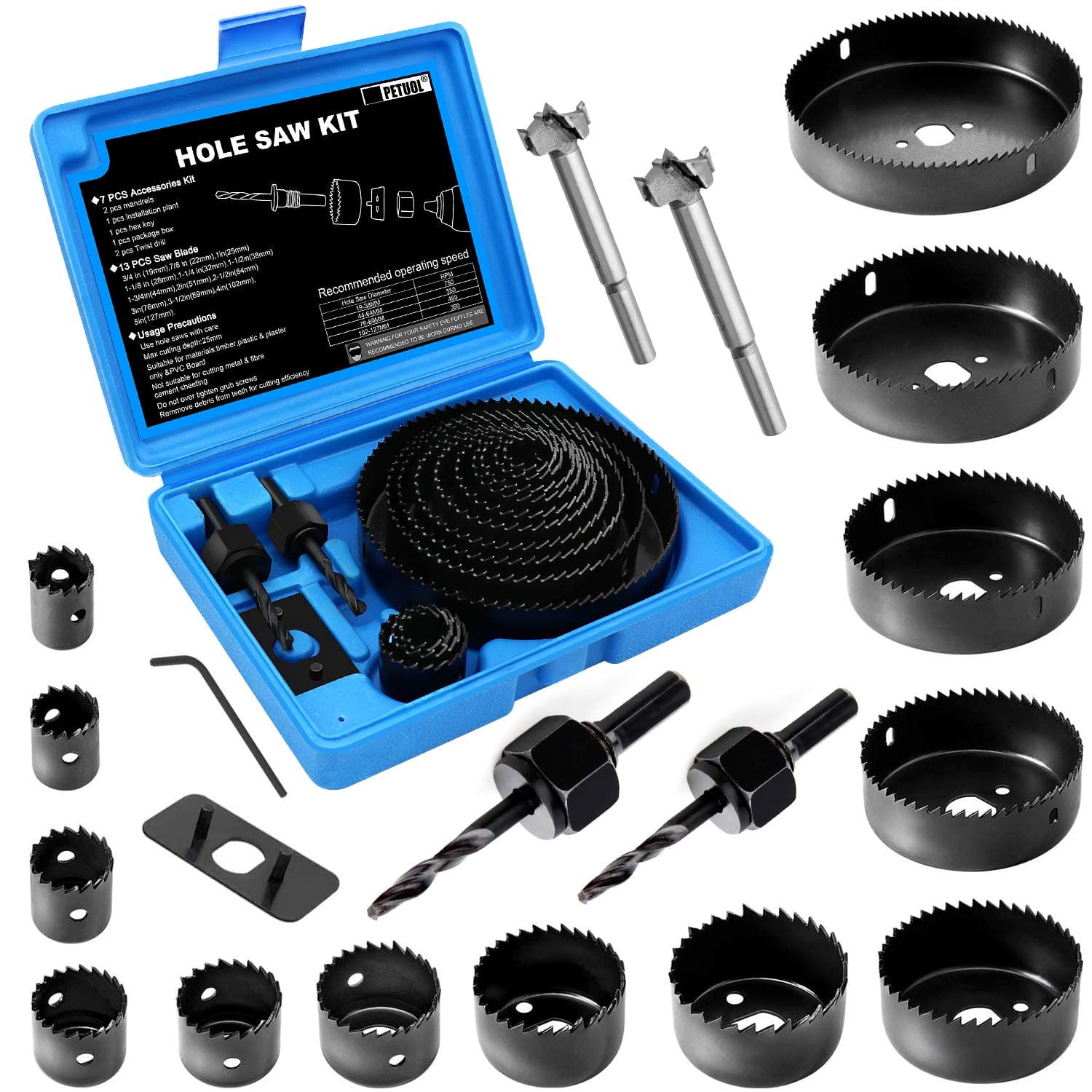 Hole Saw Set, 22PCS Hole Saw Kit with 3/4" to 5" (19mm-127mm) 13Pcs Saw Blades, Mandrels, Installation Plate, Drill Bits, Hex Key with Storage Box, Ideal for Soft Wood, Plywood, Drywall, PVC