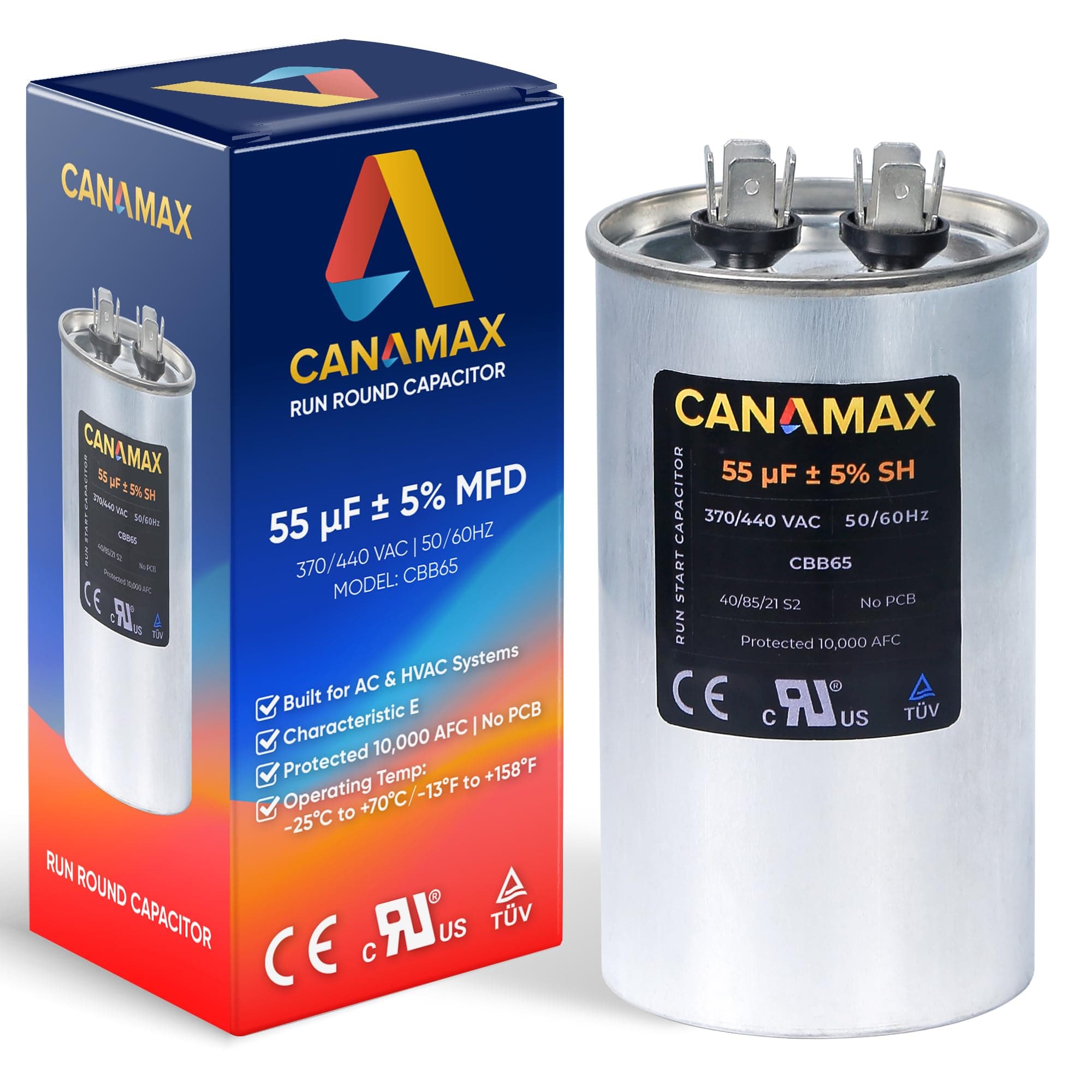 Canamax 55 uf ± 5% MFD 370 Or 440V Round Run Capacitor - Replacement for Air Conditioner 50/60Hz for AC Motor Run or Fan Start and Cool or Heat Pump Air Conditioner