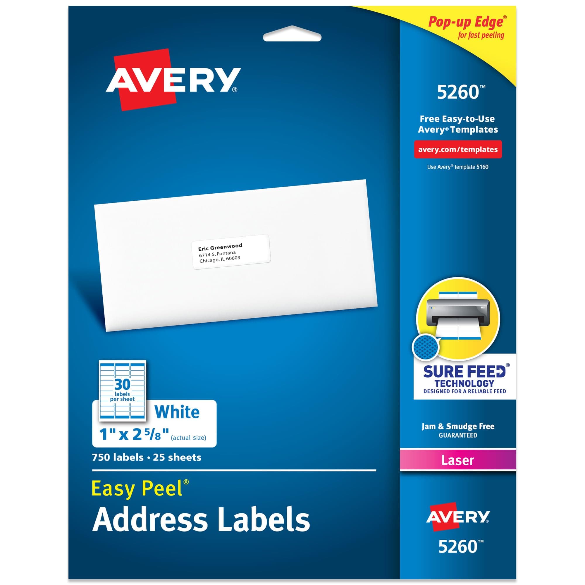 Avery Easy Peel Printable Address Labels with Sure Feed, 1" x 2-5/8" Customizable Stickers, White, 750 Blank Mailing Labels, Great for Mailing, Shipping, and More (5260)