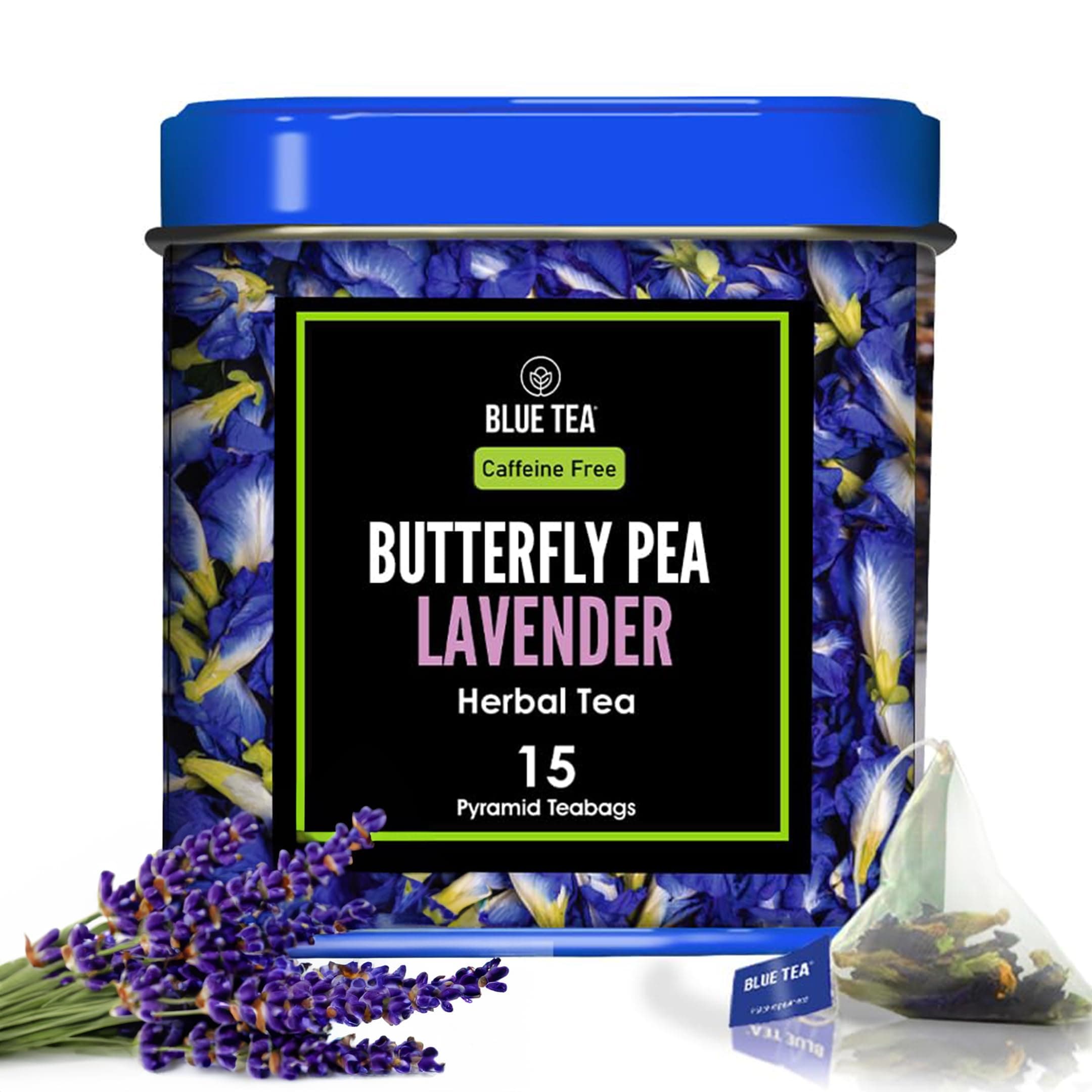 BLUE TEA - Butterfly Pea Flower Tea - Lavender - 15 Count - Pyramid Plant Based Tea Bag | ANTIOXIDANT RICH | Calming Tea - Caffeine Free - Flower Based - Herbal Tea - Non-GMO | Tin Packaging