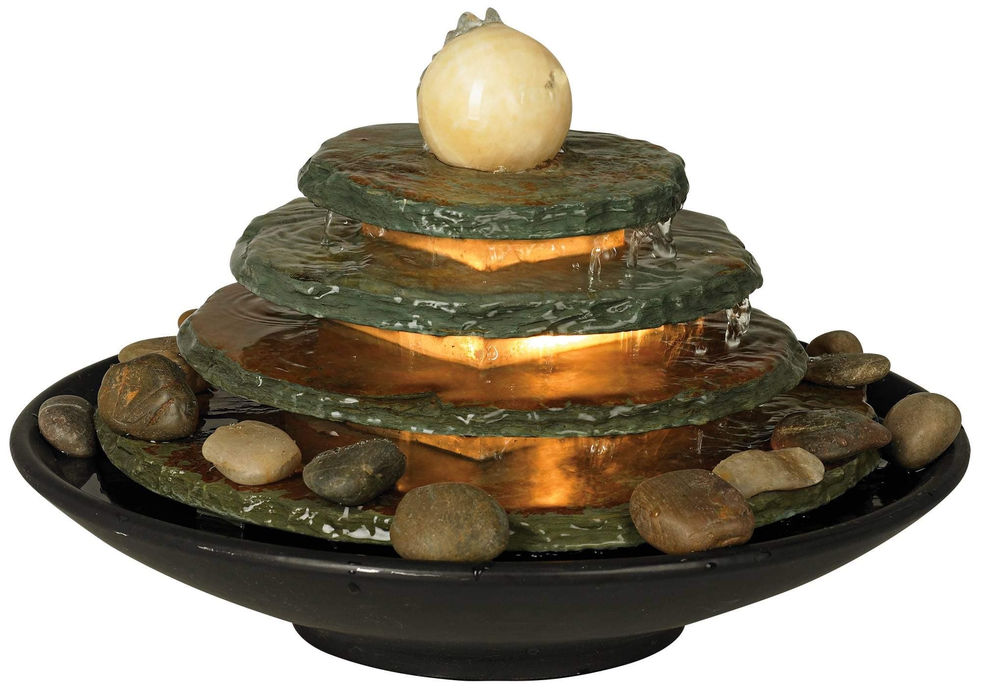 Pyramid 10" High Small Zen Modern Indoor Decor Slate Stone Tabletop Fountain with Light Waterfall Feng Shui Ball Rock Water Feature for Desk Relaxation Bedroom Living Room Countertop - John Timberland