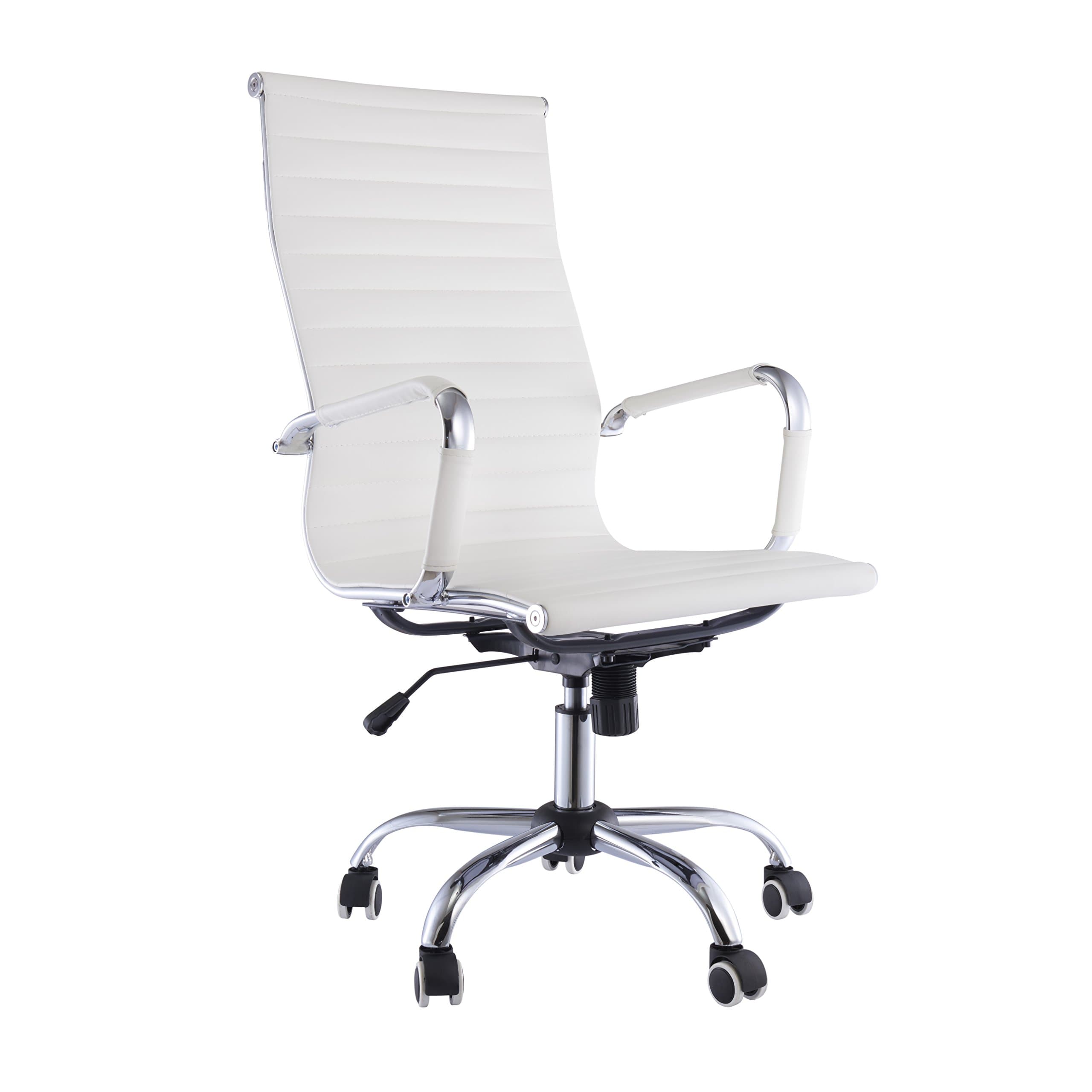 EBS White Ribbed Desk Chair Computer Office Chair Swivel Chrome Metal Leg - EBS High Back White PU Leather