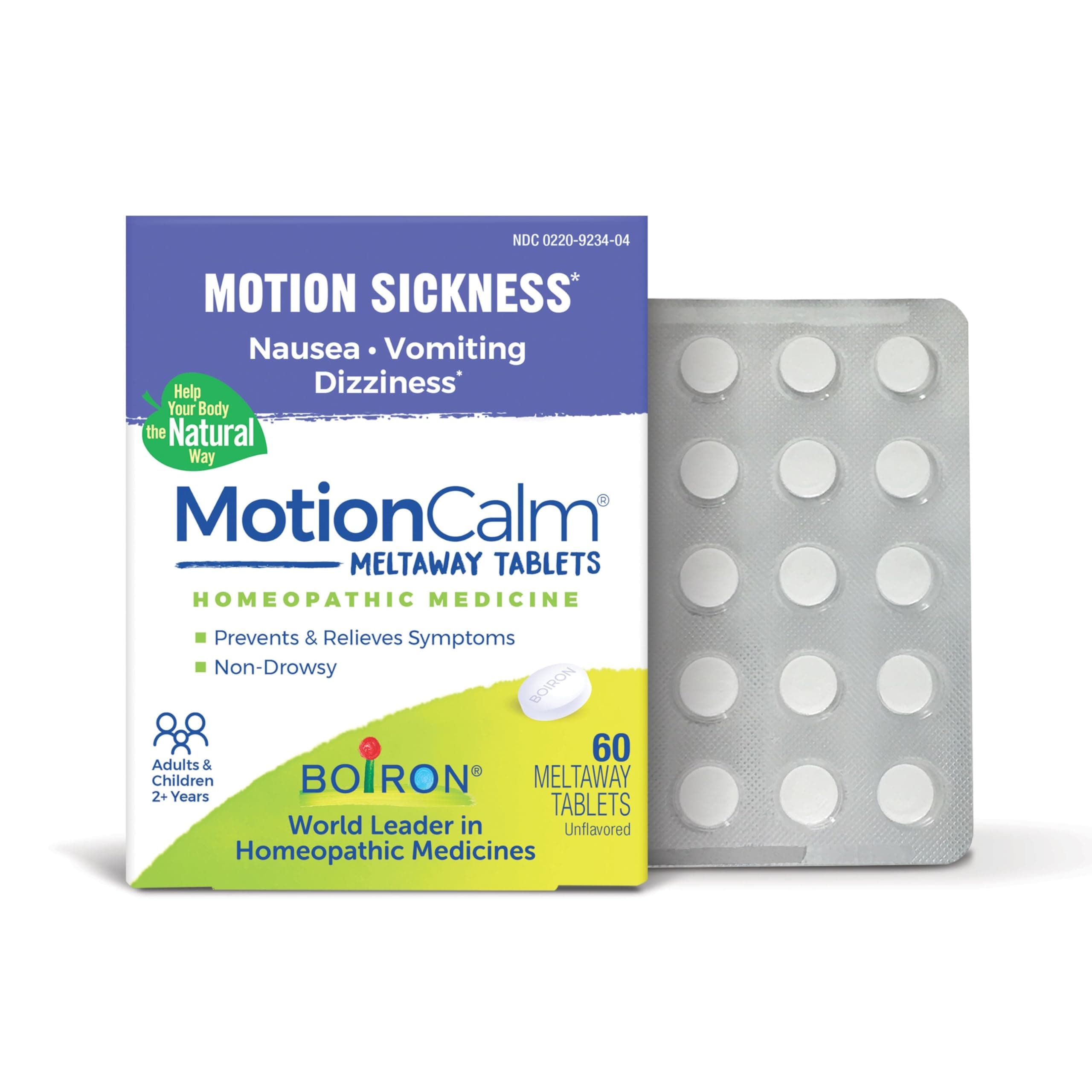Boiron MotionCalm Relief for Nausea, Vomiting, or Dizziness associated with Motion Sickness Due to Travel, Amusement Rides, and Video Games or VR - Non-Drowsy - 60 Count