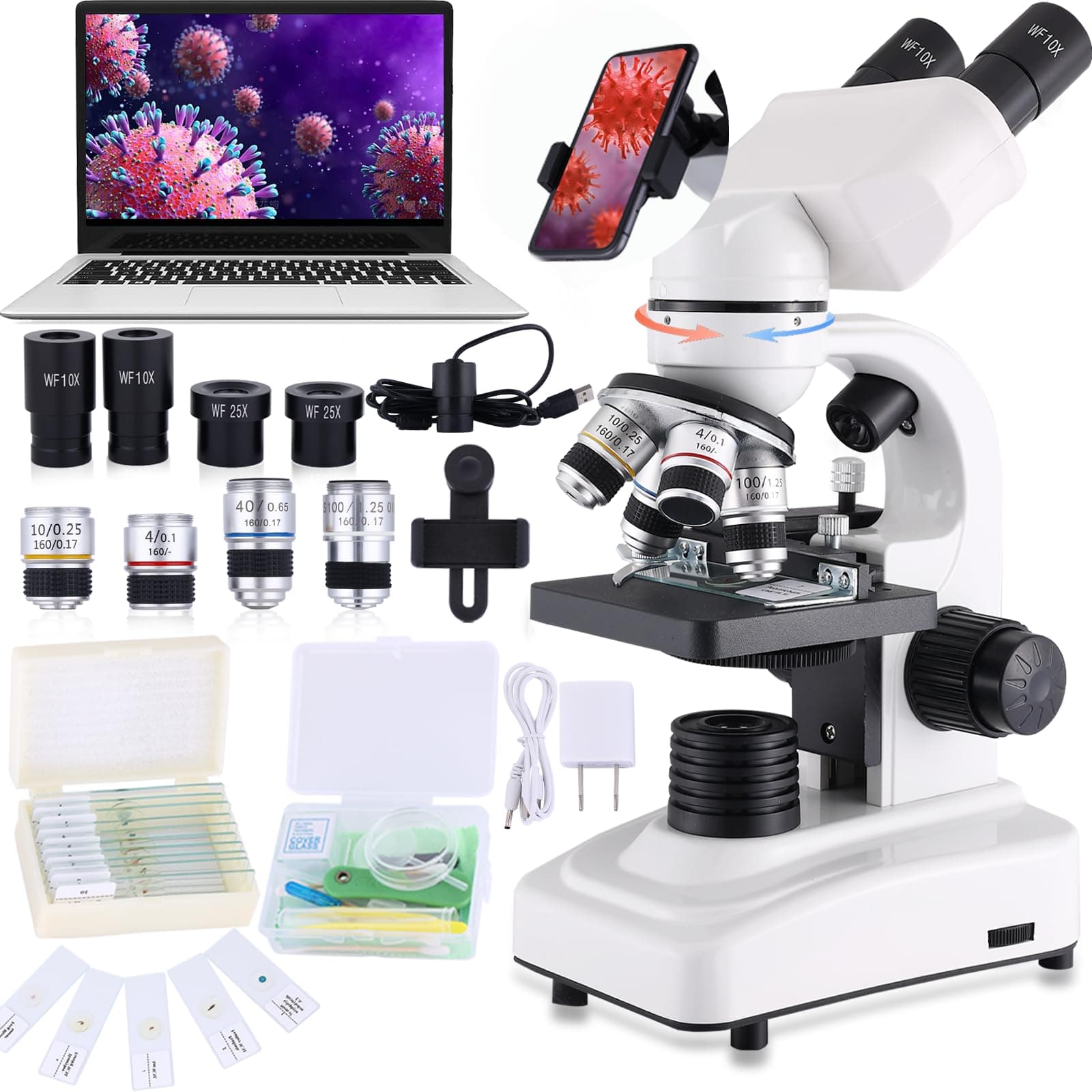 Herwicm Compound Microscope,40X-2500X Research Class Professional Microscope,WF10x and WF25x eyepieces, Dual LED Lighting and Two-Layer Mechanical Stage,Microscope for Adults…