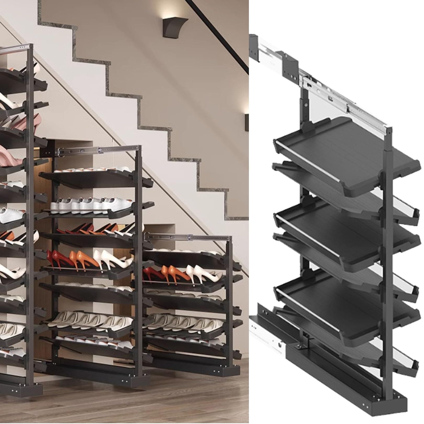 Pull-Out Shoe Rack Organizer for Closet Shoe Cabinet,Adjustable Height Retractable Metal Stackable Shoe Rack, Vertical Shelf Organizer for Small Bedroom Closet, Space Saving Storage, Black(80cm,6 Tier