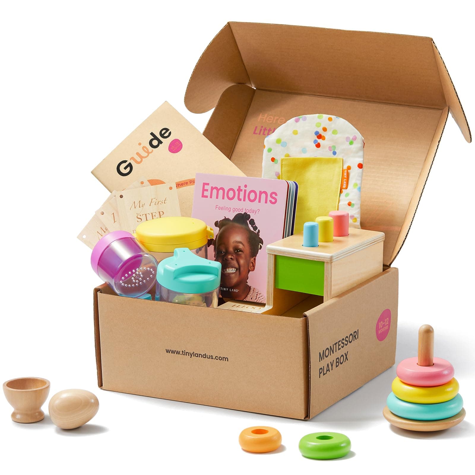 Tiny Land Montessori Toy Set for Babies from 1 Year Old, Thinker Playset - 5-in-1 Wooden Educational Toy with Plug Box, Swing Stacker, Egg Cup, Tin Set and Crinkle Bag