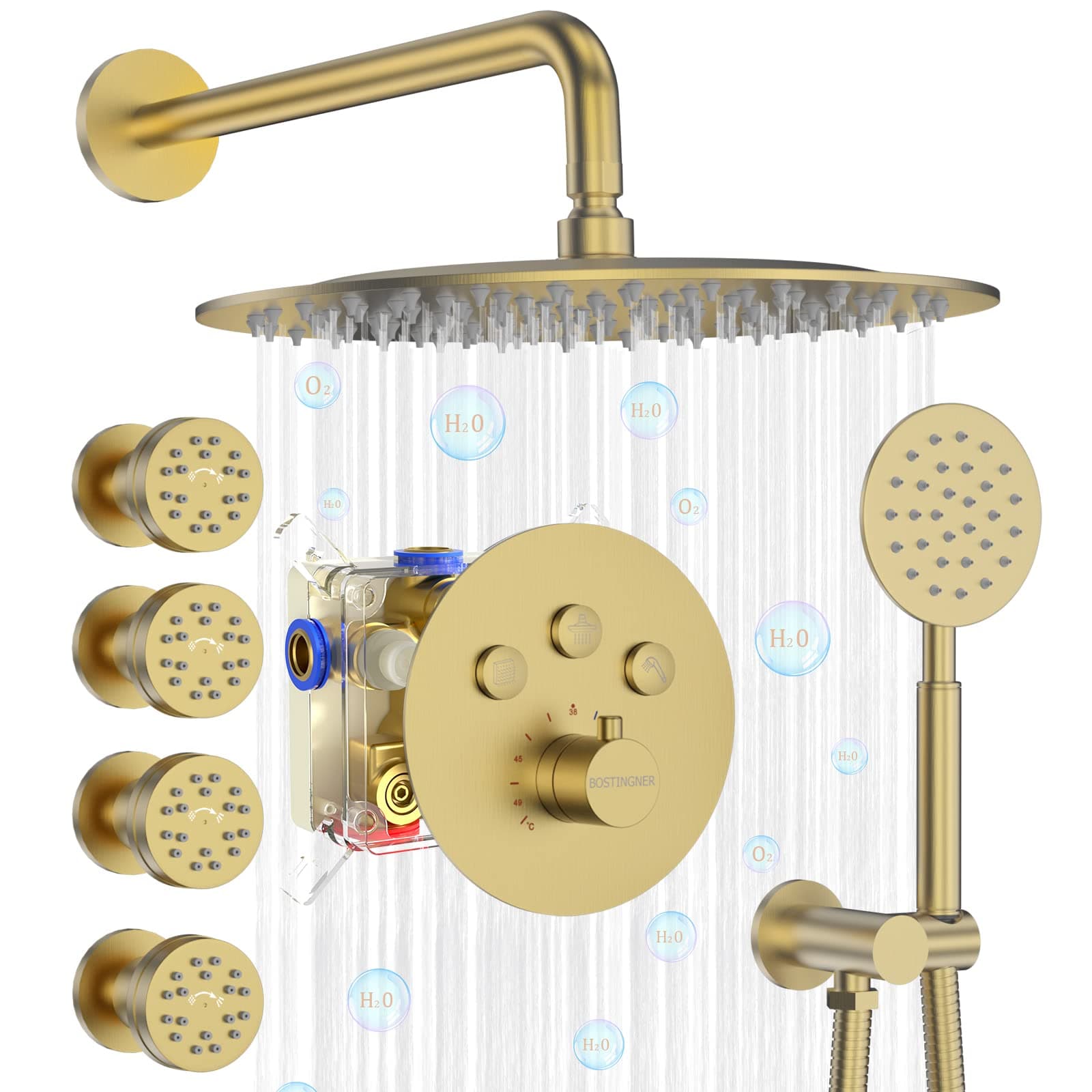 Bostingner Shower Jets Syetem Wall Mount 12 inch Round Rainfall Showerhead with Multi-function Filter Handheld Spray & 4 Body Jets Set, Thermostatic Valve - Brushed Gold