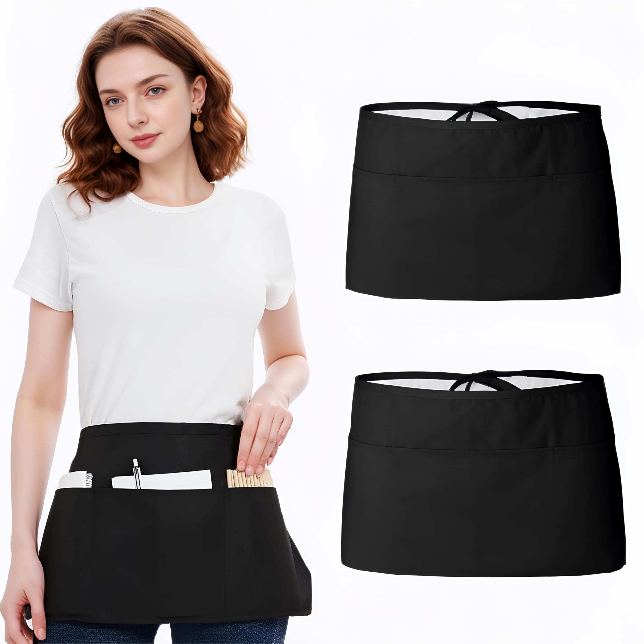 2PCS Waitress Apron, Black Waist Apron Short Half Server Aprons for Waitress Waiter Chef Women Men with 3 Pockets