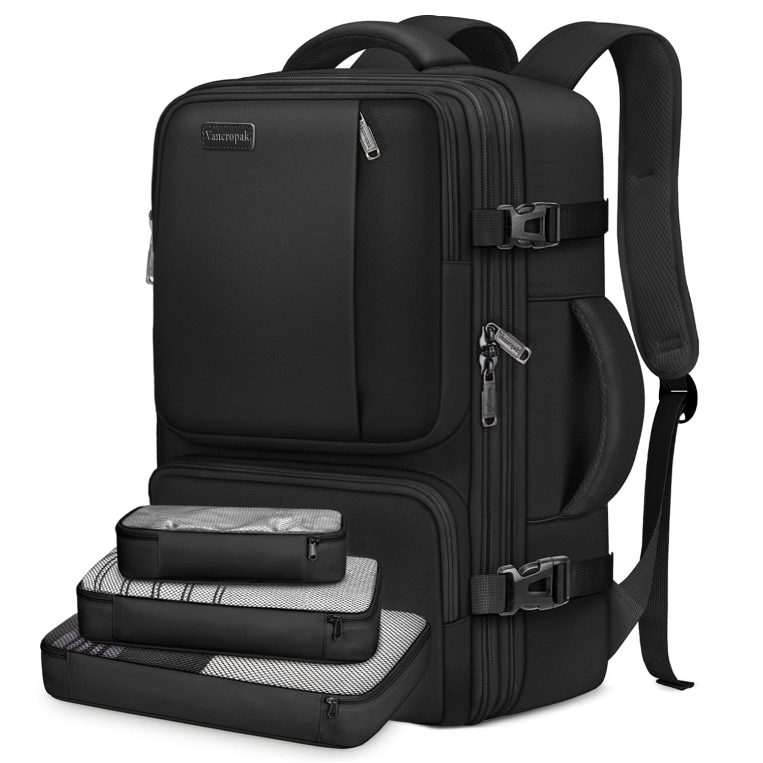 Vancropak Carry on Backpack, Flight Approved 40L Travel Backpack with 3 Packing Cubes for Men Women, Water Resistant Expandable Business Luggage Daypack Suitcase Travel Bag, Traveling Gifts, Black