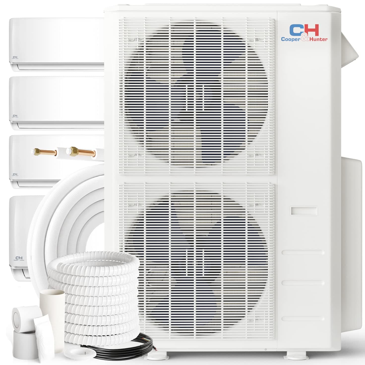 Cooper & Hunter 48,000 BTU Quad 4-Zone 12K + 12K + 12K + 24K BTU Wall Mount Ductless Mini Split Air Conditioner & Heat Pump – 25FT Installation Kits – R-410A Refrigerant Pre-Charged – Inverter