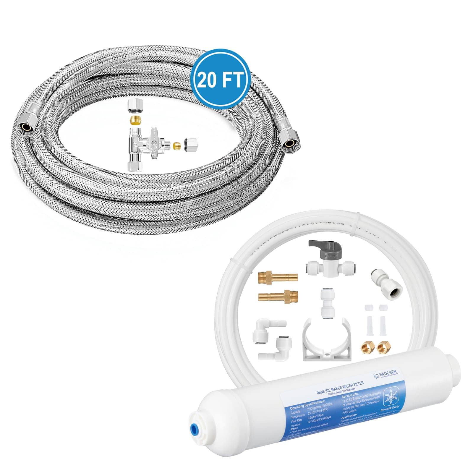 20 FT Stainless Steel Braided Refrigerator Water Line Kit + Inline Water Filter Kit for Ice Maker and Refrigerator