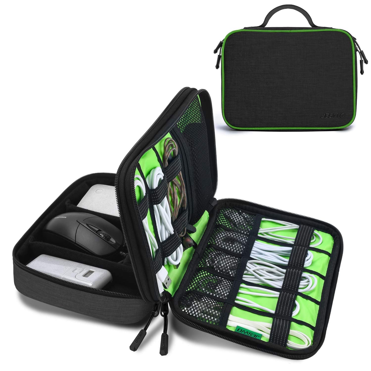 JESWO Electronics Organizer Unversal Cable Organizer Bag, Electronic Accessories Double Layer Travel Cord Storage Bag for SD Cards, Hard Drive, Power Bank, iPad Mini (Up to 7.9'') - Black