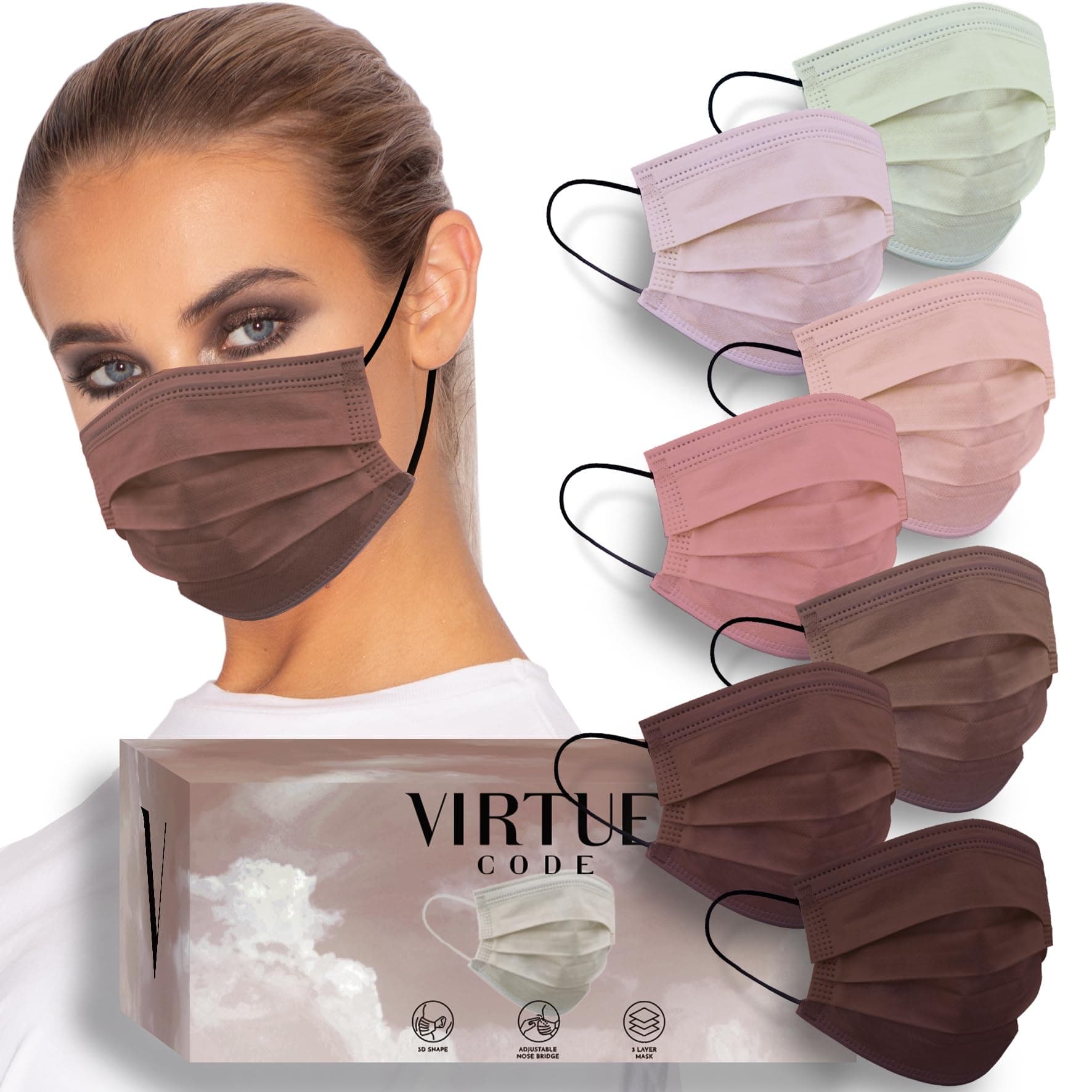 VIRTUE CODE Balance Face Masks - Soft 3 Ply Comfort Disposable Face Masks