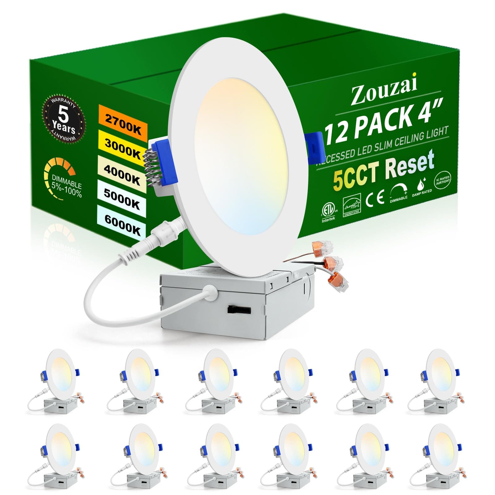 12 Pack 4 Inch 5CCT Reset 6000k/5000k/4000k/3000k/2700k Ultra-Thin LED Recessed Ceiling Light with Junction Box, 9W Eqv 80W, Dimmable, led can Lights - ETL and Energy Star Certified
