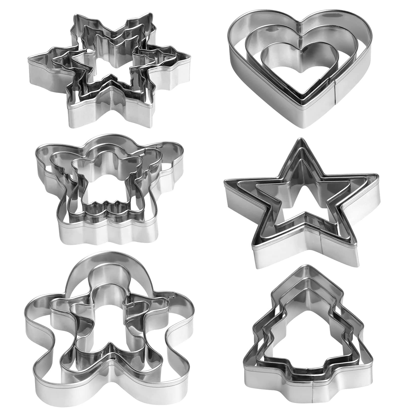 Christmas Cookie Cutter Set - 18 Piece Gingerbread Man, Snowflake, Tree, Heart, Star, Angel Shapes for Holiday Winter Baking