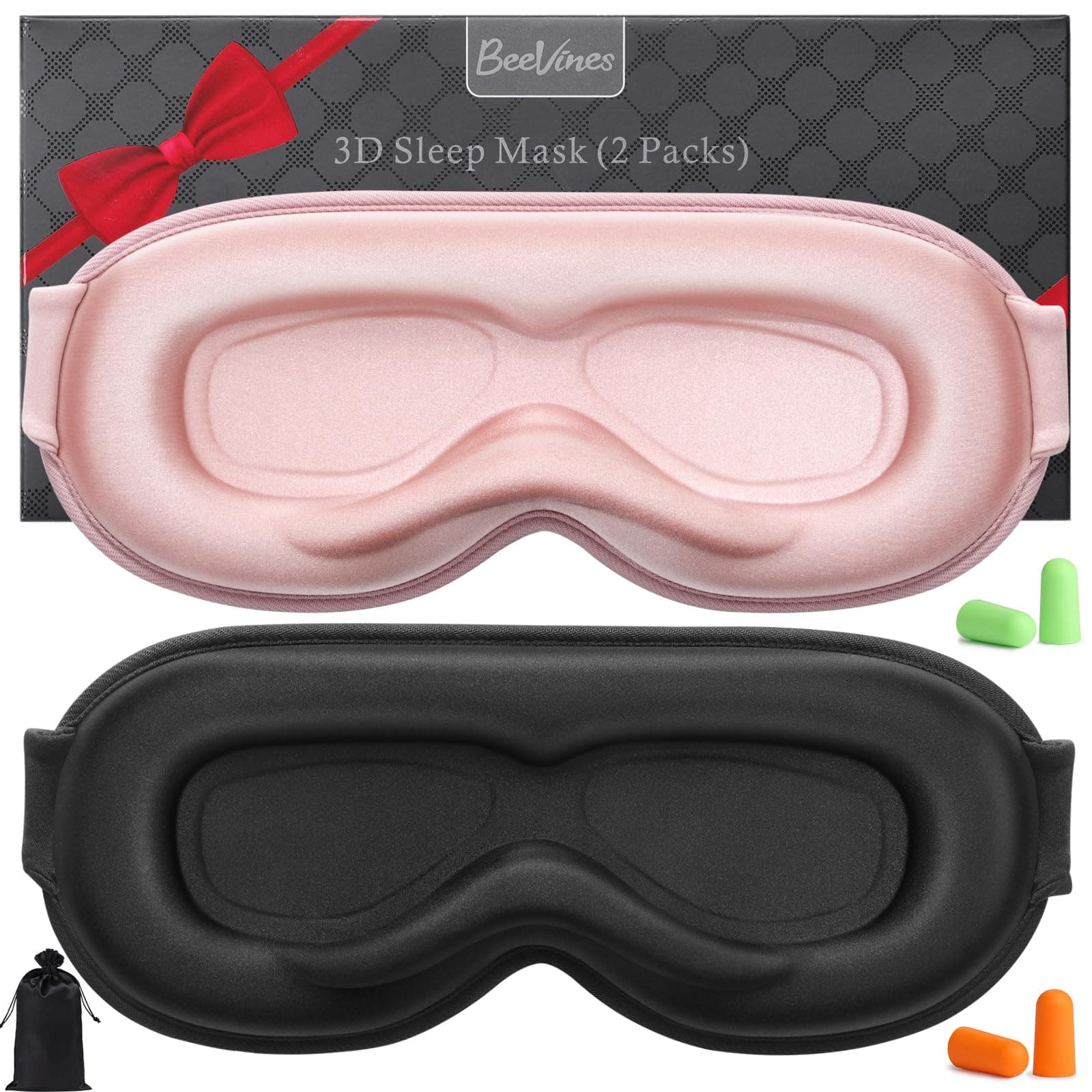 BeeVines Sleep Mask, 2 Pack 100% Blackout Eye Masks for Sleep 3D Sleep Mask for Women Men, Zero Eye Pressure Sleeping Mask for Side Sleepers, Eye Shade Cover Includes Travel Pouch (Black & Pink)