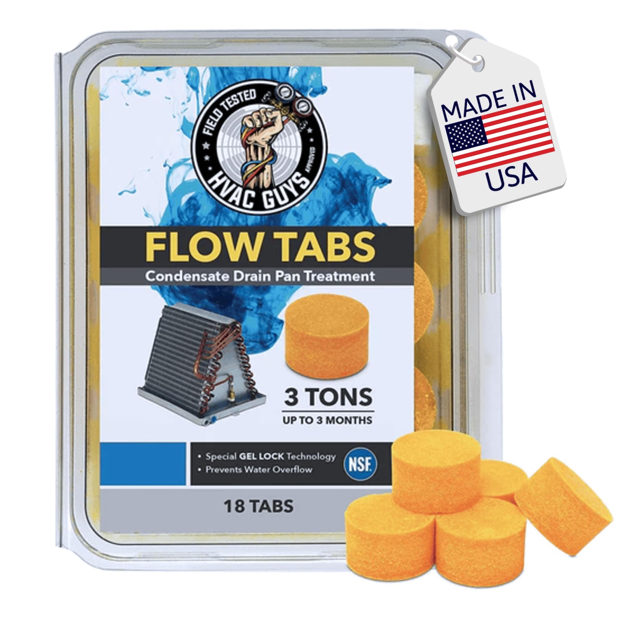 Hvac Guys Flow Tabs With Gel Lock Technology - 18 Pack Keeps Drain Pans Clean, Prevents Overflow, 3 Ton Tab Lasts Up To Months 1 Is Equal Regular Tablets (324 Total) Made In The Usa