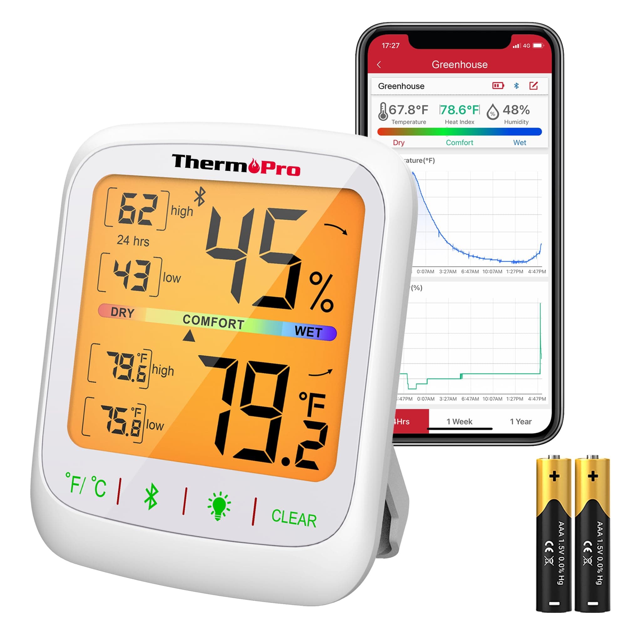 ThermoPro TP359 Bluetooth Hygrometer Thermometer, 260FT Wireless Remote Temperature and Humidity Monitor, with Large Backlit LCD, Indoor Room Thermometer and Humidity Gauge, Max Min Records