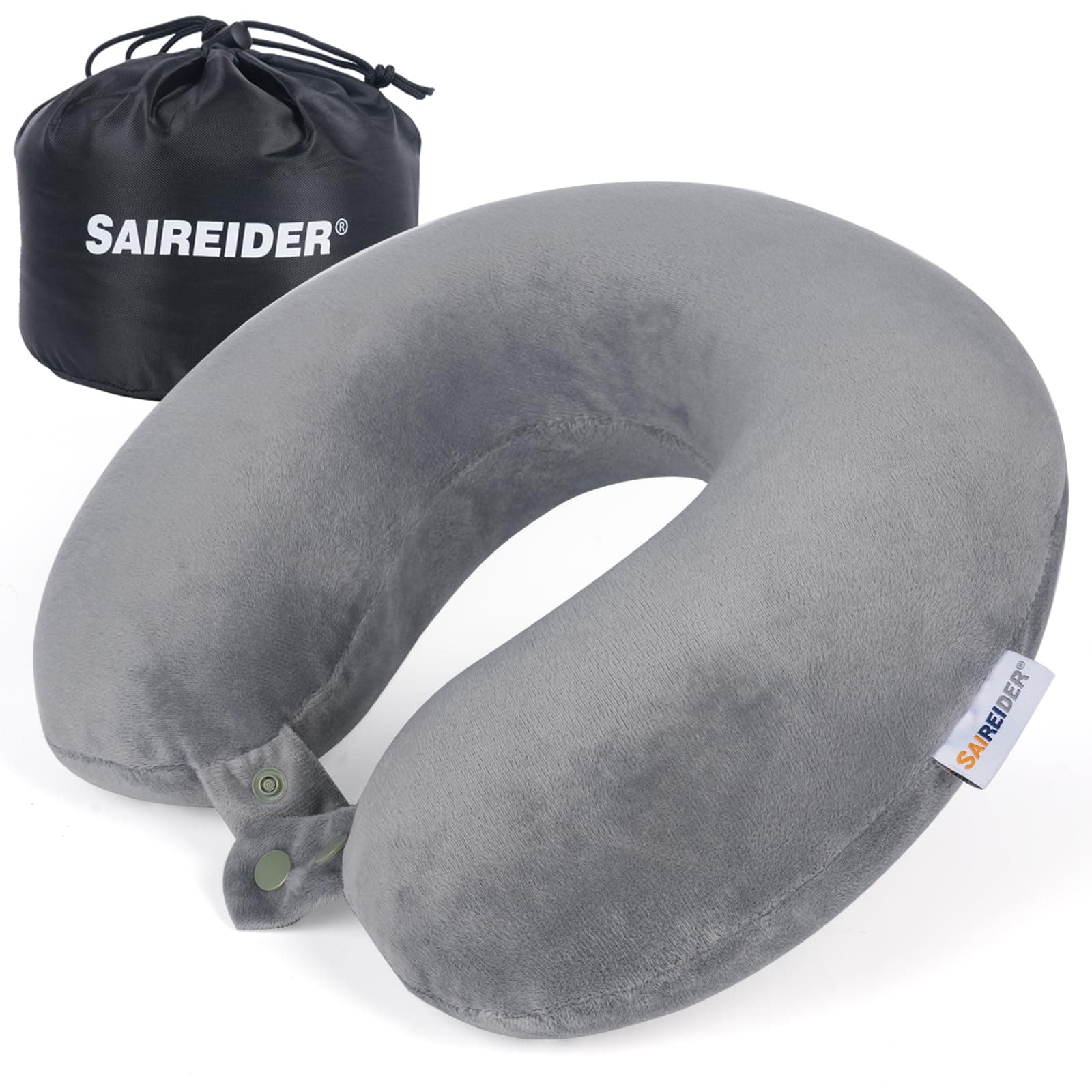SAIREIDER Travel Pillows for Sleeping Airplane 100% Pure Memory Foam Neck Pillow for Airplanes Washable Cover with Storage Bag (Grey)