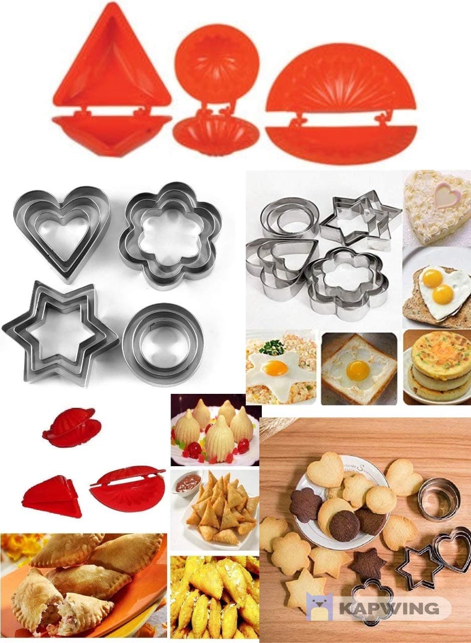12 Pieces Cookie Cutter Stainless Steel Cookie Cutter with Different Shape with Dough Press Dumpling Samosa Modak Gujiya Pie Mould Maker - Set of 3 (Combo) 1 Set