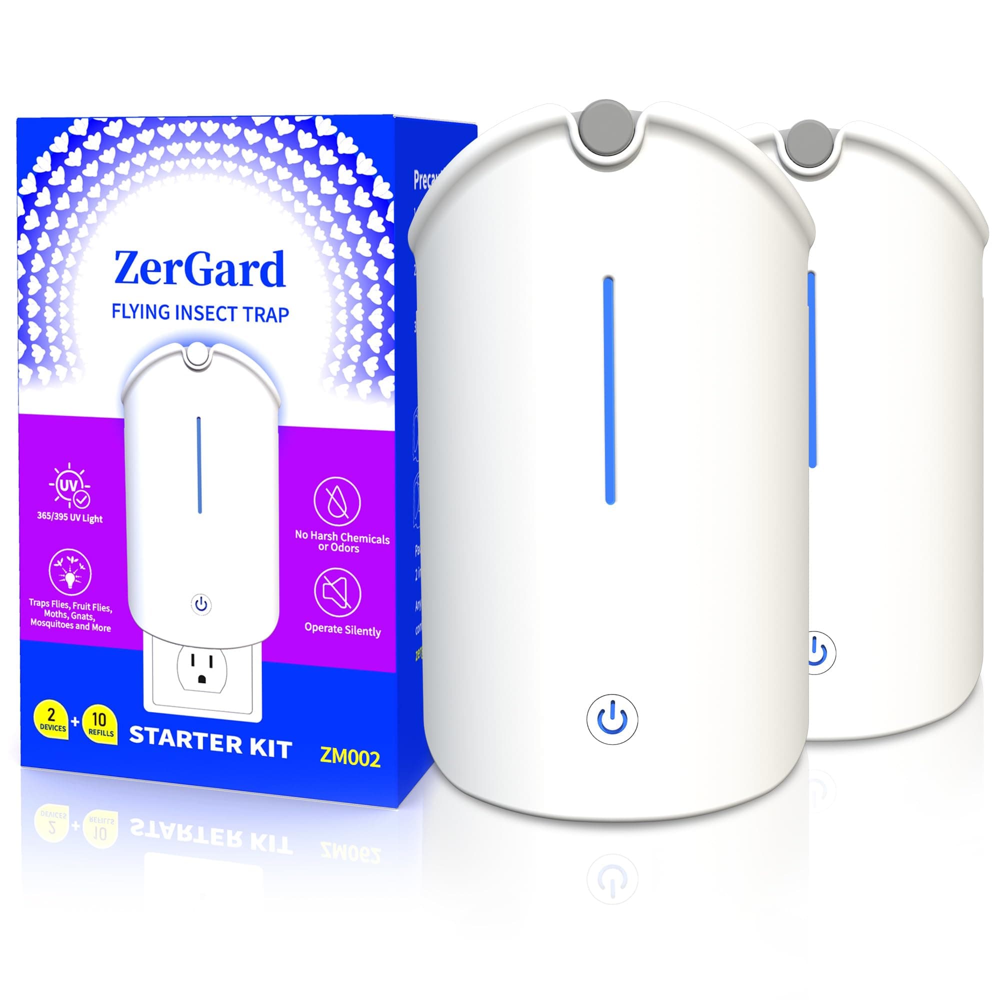 Flying Insect Trap, ZerGard Indoor Plug-in Bug Catcher with UV Light ZM002 Captures Mosquito Gnat Moth Fruit Flies for Kitchen, Living Room, Bedroom, 10 Sticky Glue Card Refills (2 Devices+10 Refills)