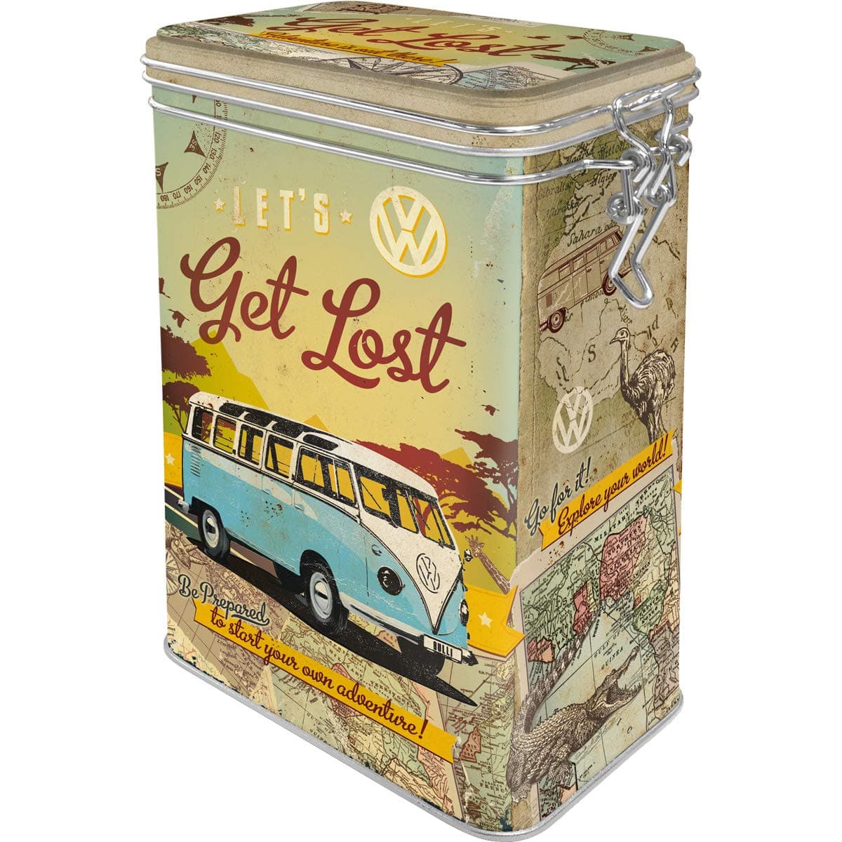 Retro coffee tin box, 44 oz, VW Bulli – Let's Get Lost – VW Bus Gift idea, Official License Product (OLP), metal clip top can, vintage design