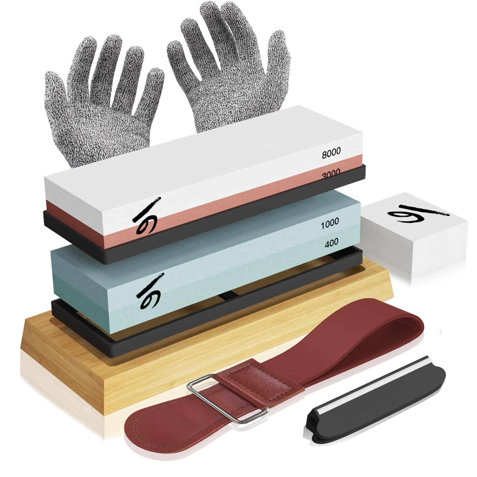 KERYE Knife Sharpening Stone Kit, Professional Japanese Whetstone Sharpener Stone Set, Premium 4 Side Grit 400/1000 3000/8000 Water Stone, Flattening Stone, Angle Guide, Leather Strop, Anti Cut Gloves