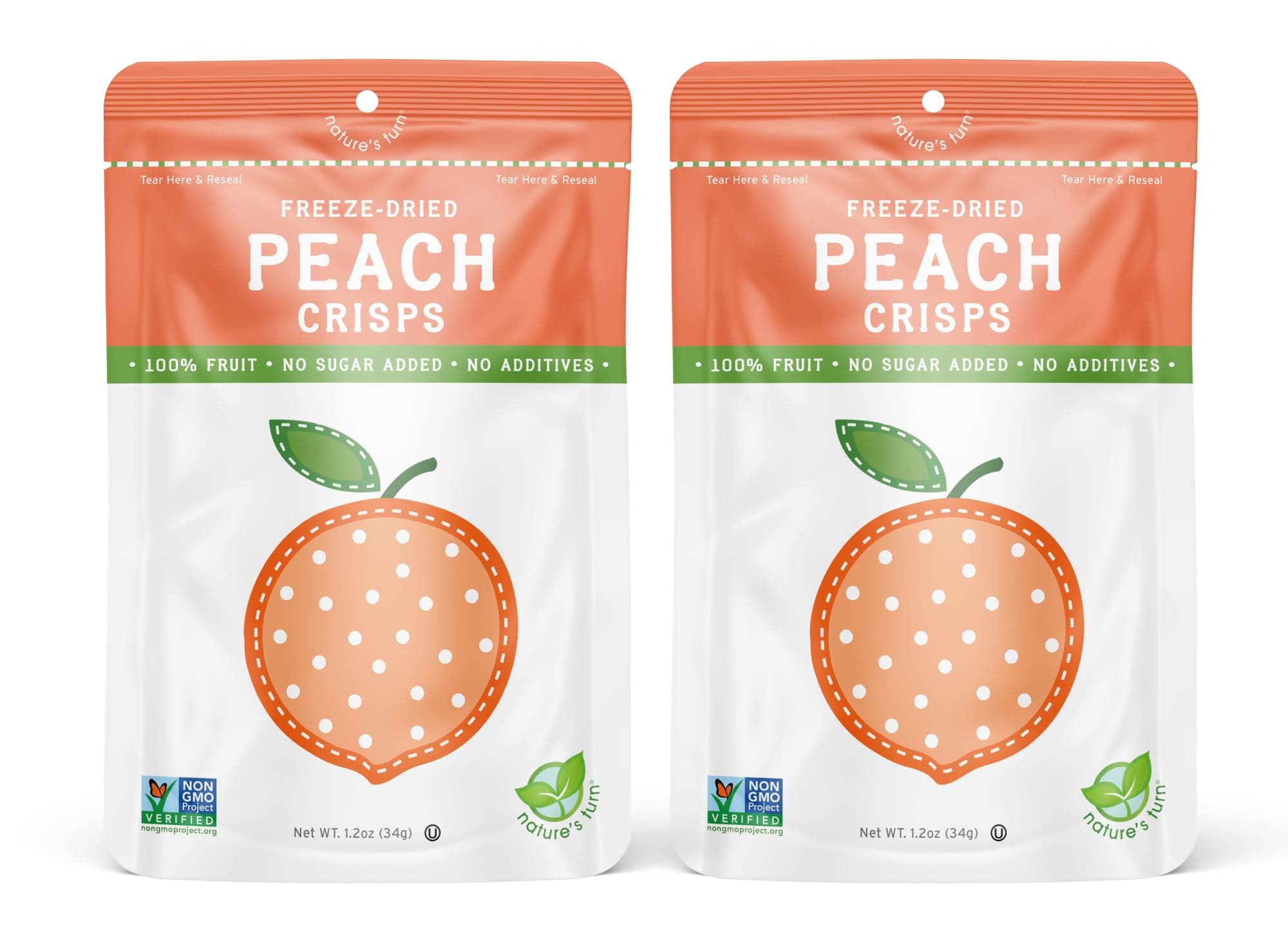 Nature’s Turn Freeze-Dried Peach Crisps – Healthy, Gluten-Free, Crispy & Delicious, Plant-Based Snack, Ideal for Cereal, Smoothies, School Lunches, & On-the-Go, Bags of 2 (1.2 oz Each)