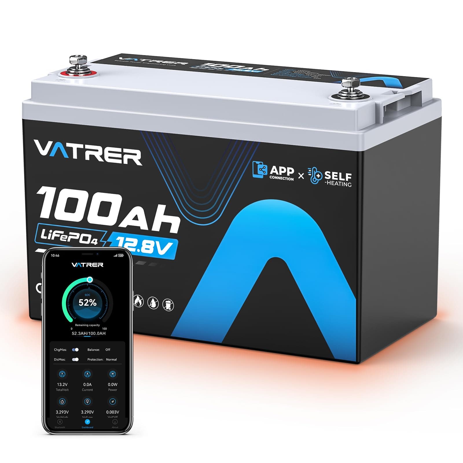 12.8V 100AH Group 31 LiFePO4 Lithium Battery with Self-Heating & APP Monitoring, Built-in 100A BMS, High Temp Cutoff, Low Temp Charging, 5000+ Cycles, Perfect for RV/Camping,Off-Grid,Solar