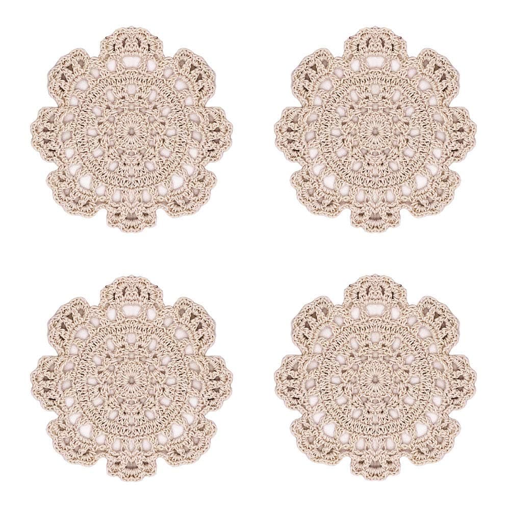 Phantomon 5 Inch Doilies Small Handmade Crochet Coasters Round Cotton Lace Table Placemats for Cup/Glass Pack of 4, Beige