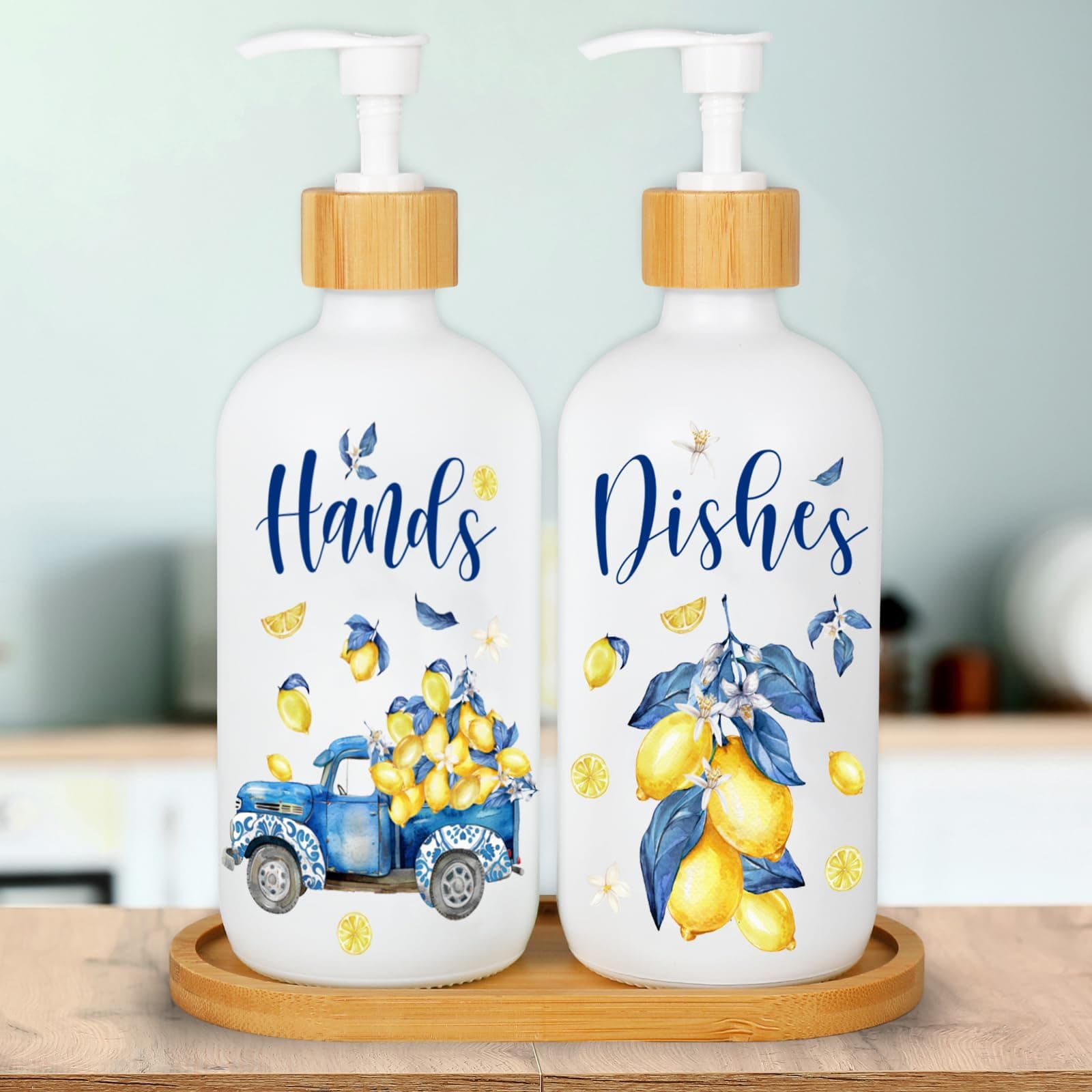 Capri Lemon Soap Dispenser Yellow Blue Lemon Tile Dishes and Hands Glass Dispenser with Pump 16 oz Refillable Liquid Soap Container for Summer Home Kitchen Bathroom, 2Pcs