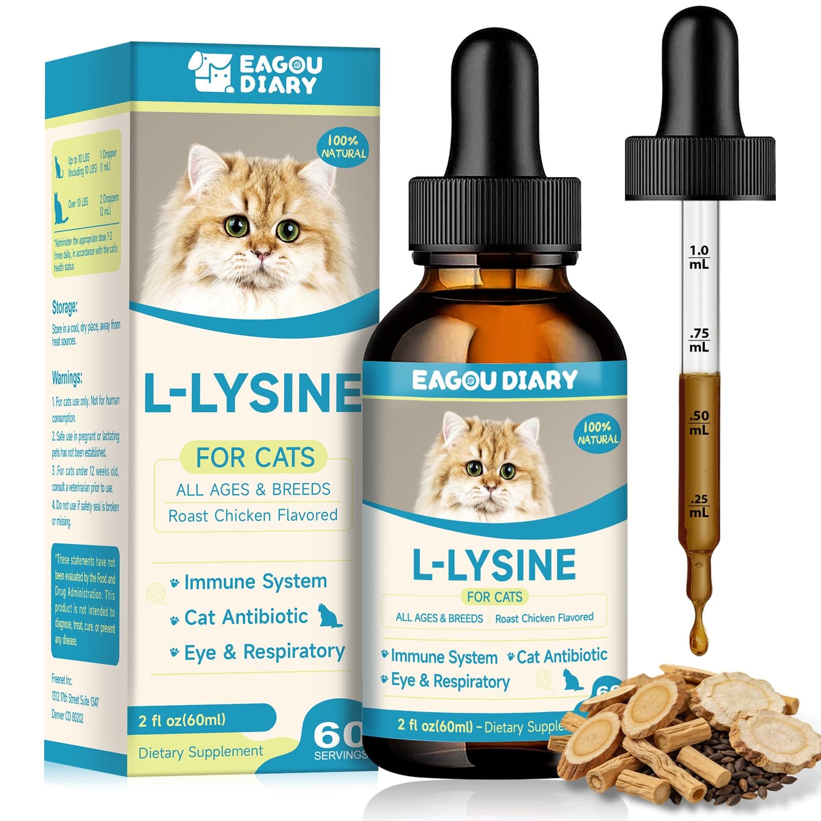 L-Lysine for Cats, Cat Lysine Drops, Immune Support Supplement, Sneezing, Cold, Runny Nose, Feline Respiratory, Watery Eyes, 60ml Natural Drop for Kittens with Colostrum, Taurine, Vitamins, 2 Oz