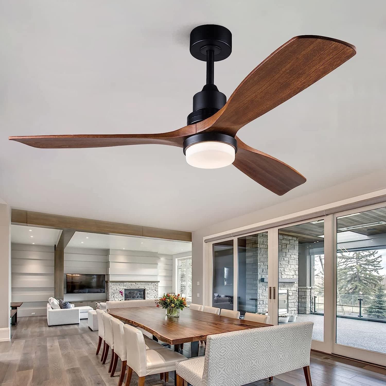 52'' Ceiling Fans with Lights Remote Control, 3 Down Rods Outdoor Ceiling Fan with Remote, Dimmable LED Light, Noiseless Motor & 3 Reversible Wood Blades