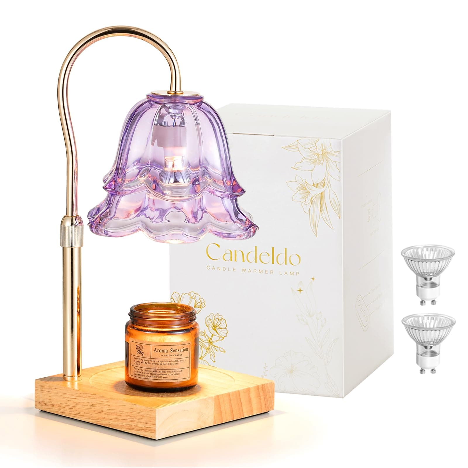 Candle Warmer Lamp with Timer: Purple Flower Candle Warming Lamp with 2 Bulbs Height Adjustable Wax Warmer Dimmable Bedroom Decor Mothers Day Gift for Women