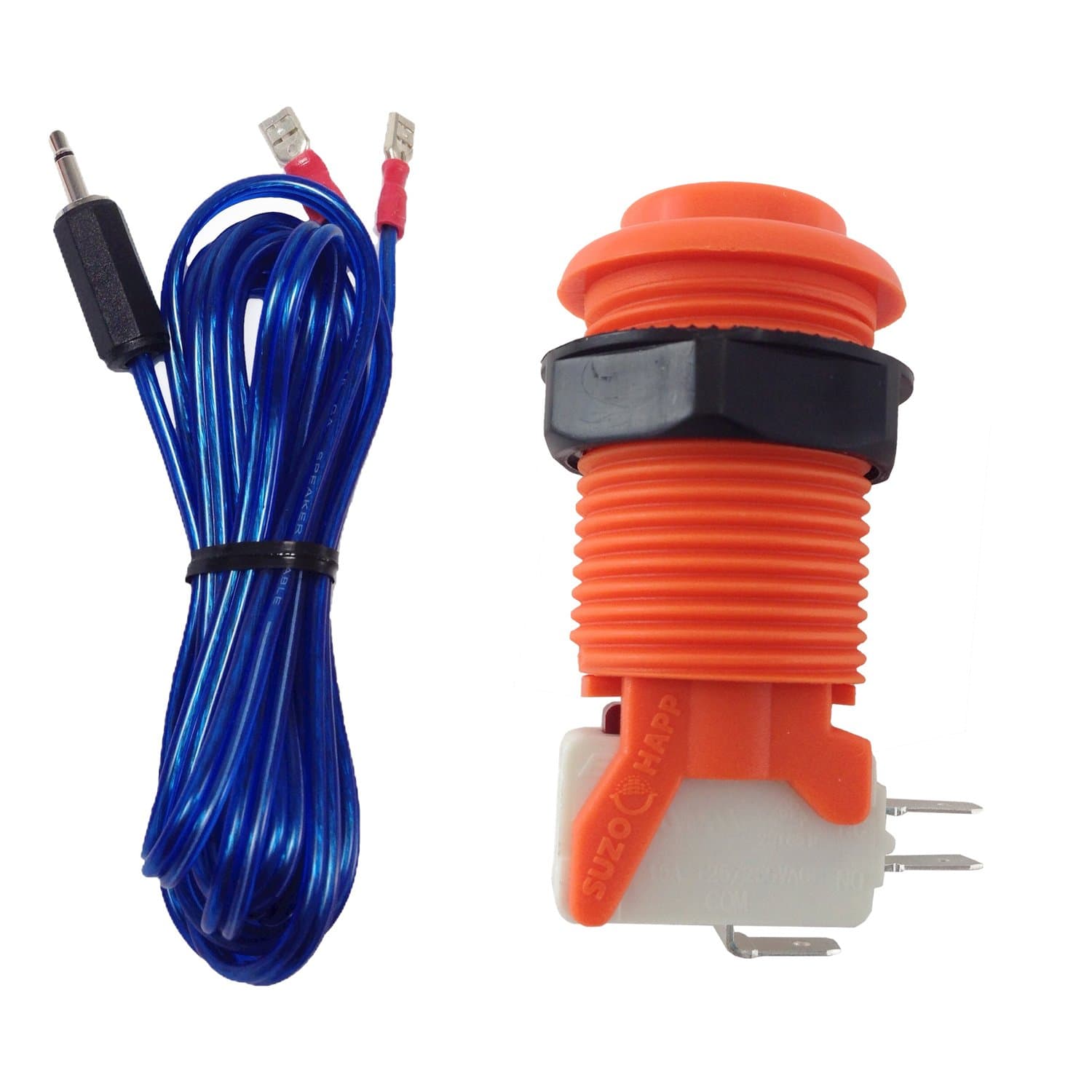 Arcade Button and Cable Bundle - 2 Items: 1 Arcade Push Button and 1 Arcade Button Cable (.187 Inch Quick Disconnect Connectors, 3.5mm Mono Audio Cable, 6 Feet)