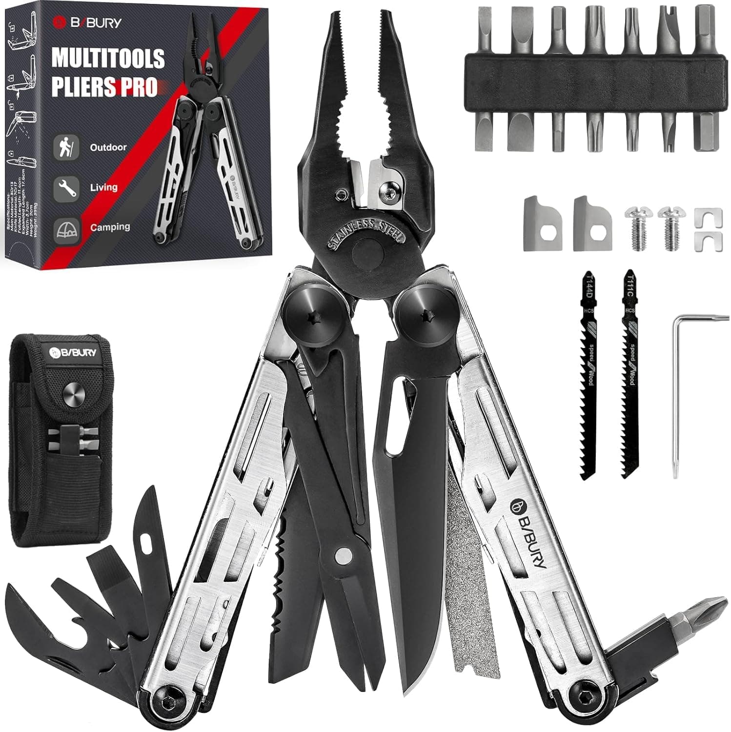 BIBURY Multifunctional Stainless Steel Pliers, Multifunction Tool with Improved Scissors, 2 Interchangeable Saw and Screwdrivers, Multifunctional Knife, Original Men's Gift – Black