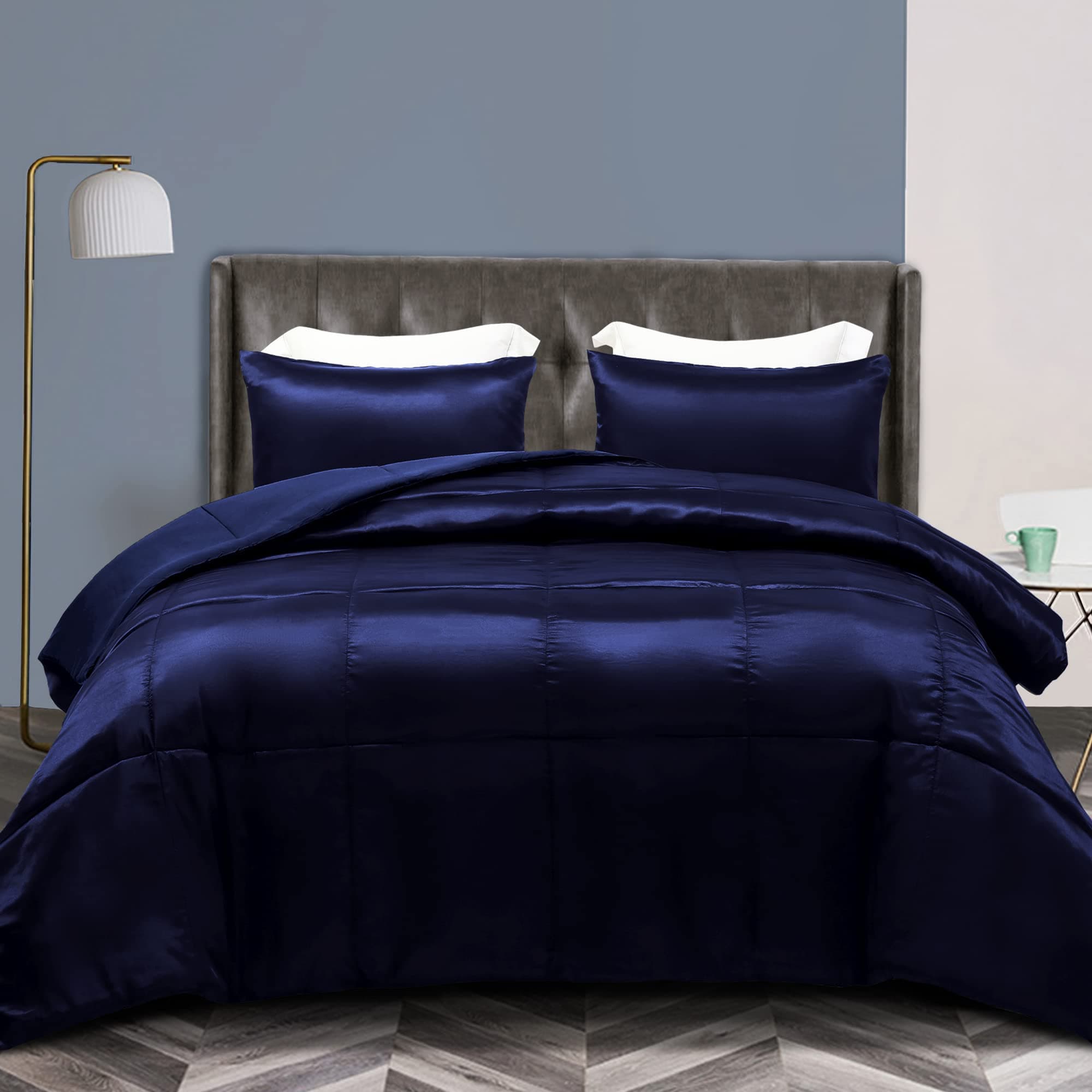 Whale Flotilla 3-Piece Reversible Silky Soft King Size Comforter Bedding Set, Luxurious Satin Comforters Oversized with 2 Satin Pillowcases, Lightweight Duvet for All Seasons, Navy