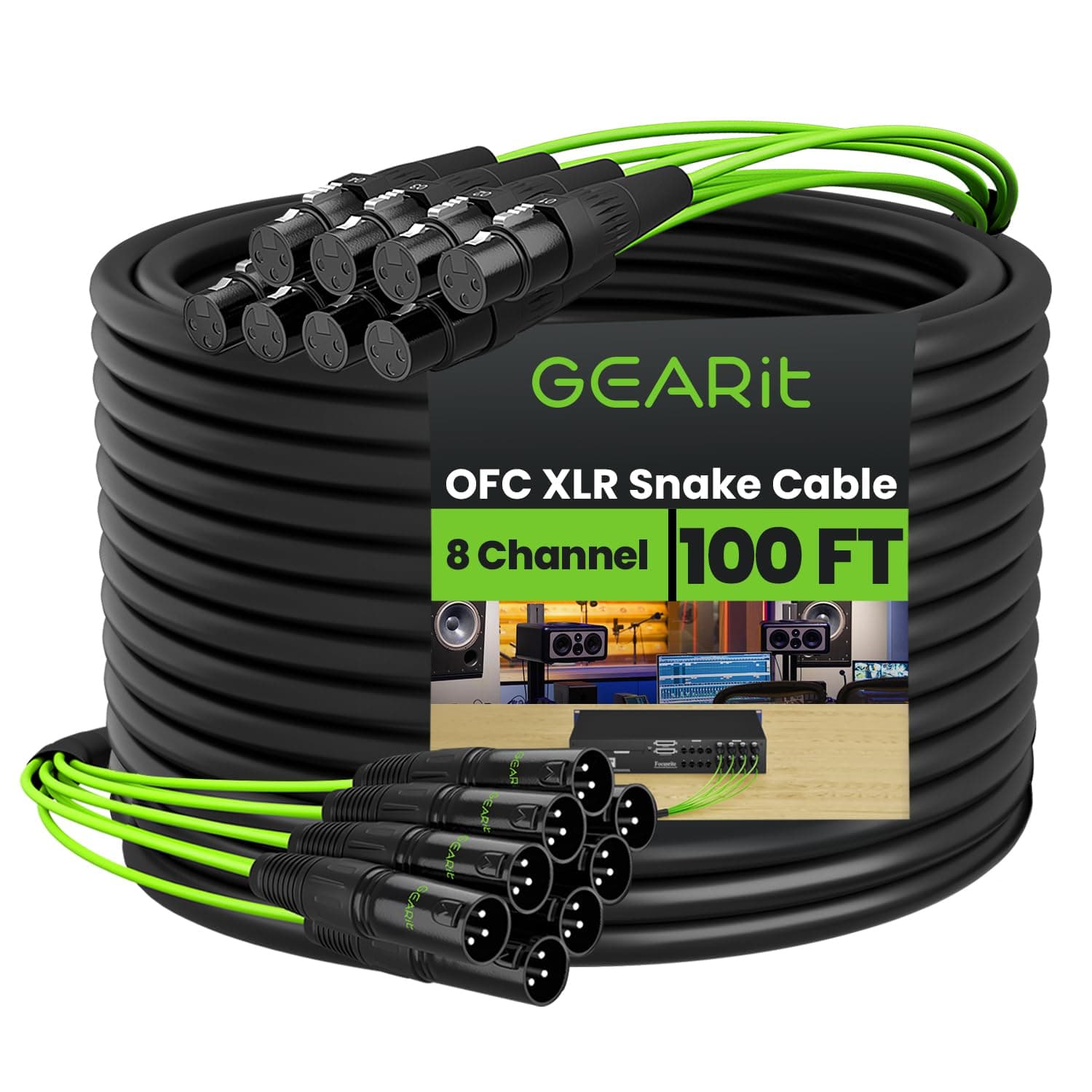 8-Channel XLR Snake Cable (100 ft) - 100% Oxygen-Free Copper Snake Wire, Channel Labels, Metal XLR Connectors for Pro Audio - 100 Feet