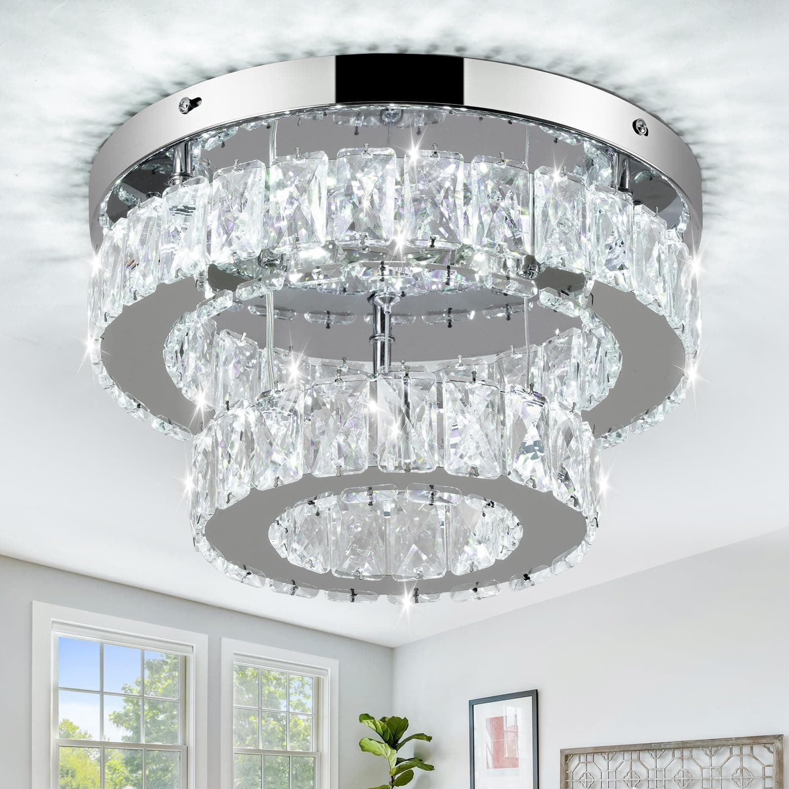 LEONTYNE 11.8 Inch Modern Mini Crystal Chandelier LED Flush Mount Ceiling Light - 2 Layer K9 Crystal, Small Chandelier for Bedroom, Hallway, Kitchen, Bathroom, Closet, Dining Room (Cool White)